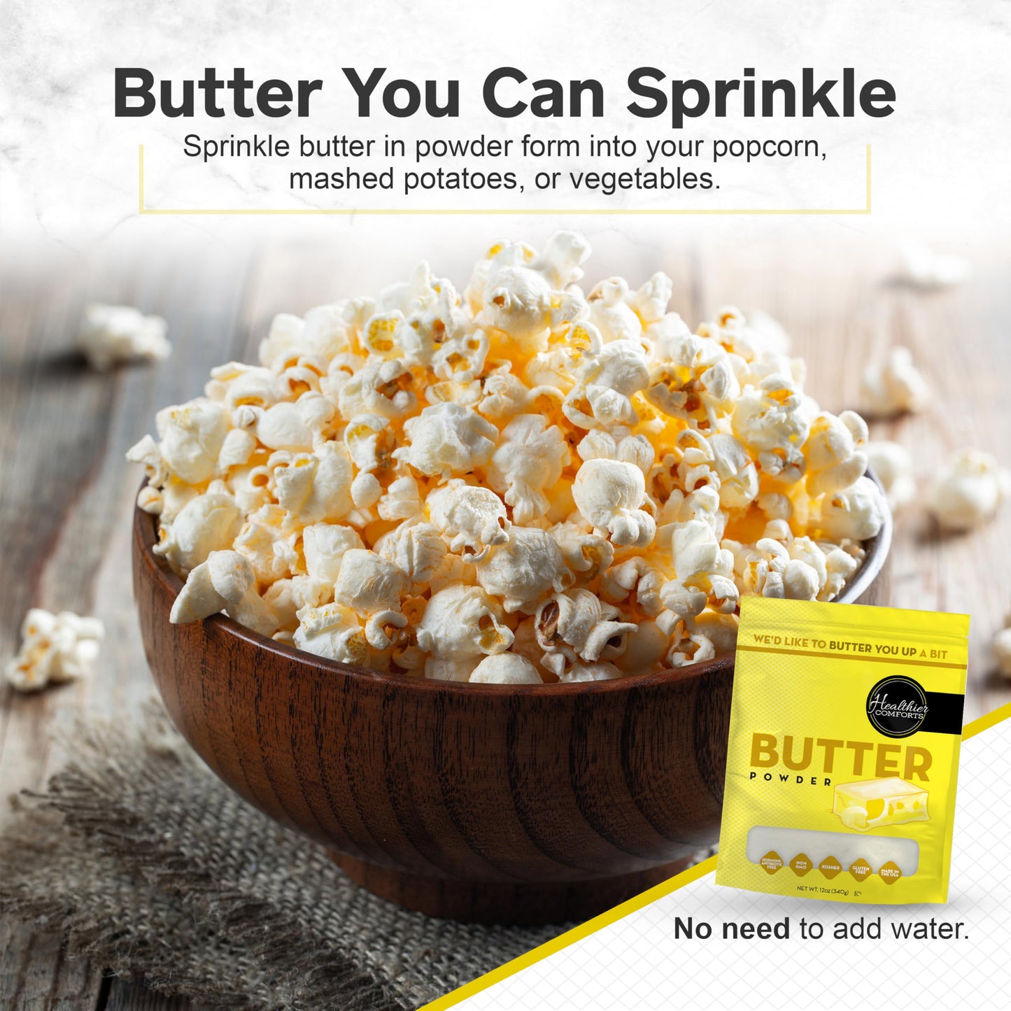 Healthier Comforts Butter Powder | Dehydrated, Shelf Stable Butter | Kosher, Gluten Free, Non-GMO | Popcorn, Baking, Seasoning |