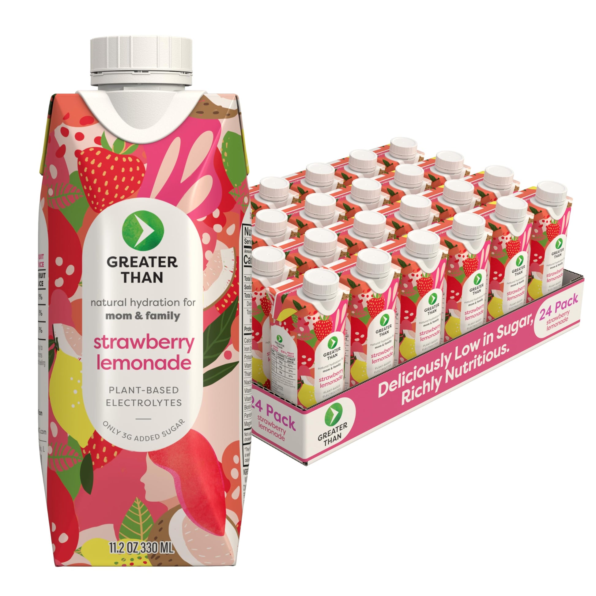 Greater Than Electrolyte Drink, Coconut Water & Vitamins, Low Sugar, Strawberry Lemonade, 11.2 Fl Oz, Pack of 24