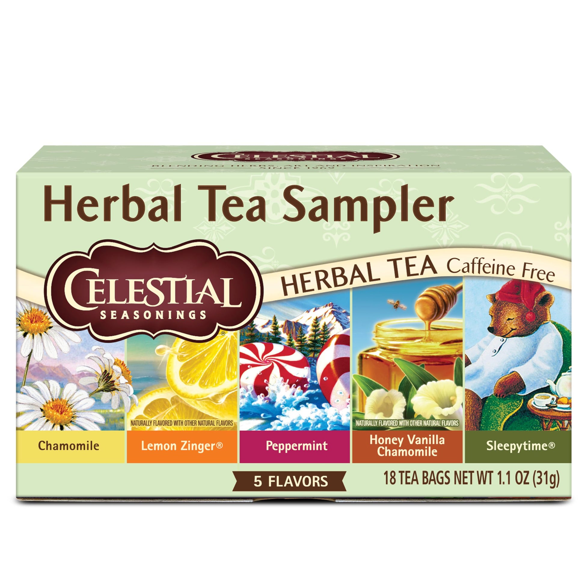 Celestial Seasonings Herbal Tea Sampler Variety Pack  Caffeine Free  18 Tea Bags Box