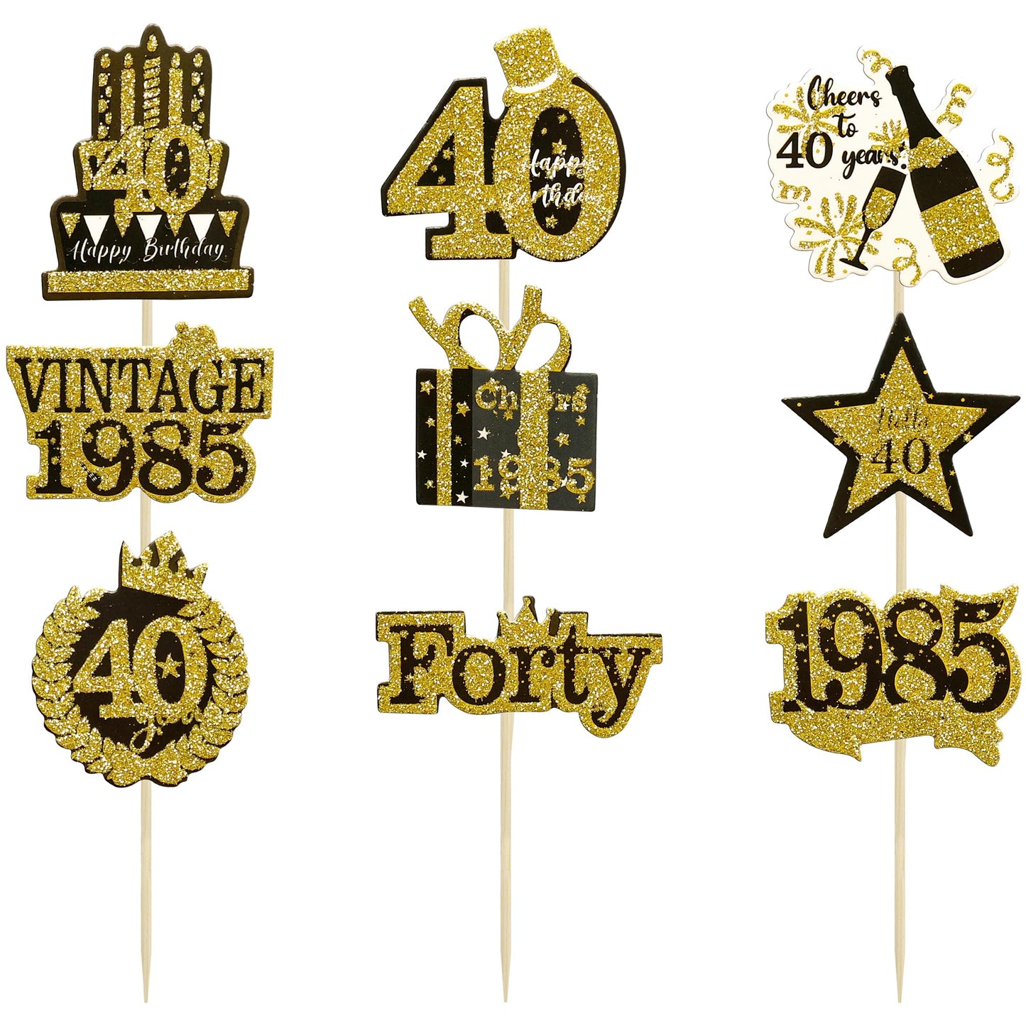 Gyufise 36Pcs Happy 40Th Birthday Cupcake Toppers Glitter Black Gold Forty Hello 40 Vintage 1985 Cupcake Picks Cheers To 40 Year