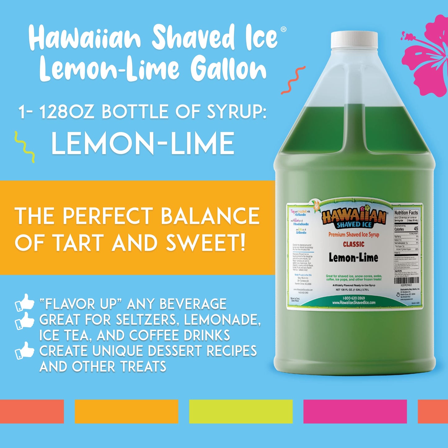 Hawaiian Shaved Ice Syrup, Lemon-Lime Flavor, 128 Fl Oz, No Refrigeration Needed, Nut-Free, Dairy-Free, Great for Slushies and Popsicles