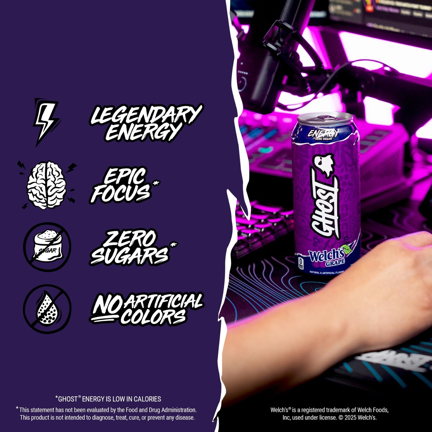 GHOST Energy Drink - 12-Pack, Welchs G , 16oz Cans, Vegan, Gluten-Free, 200mg Caffeine, L-Carnitine & Taurine