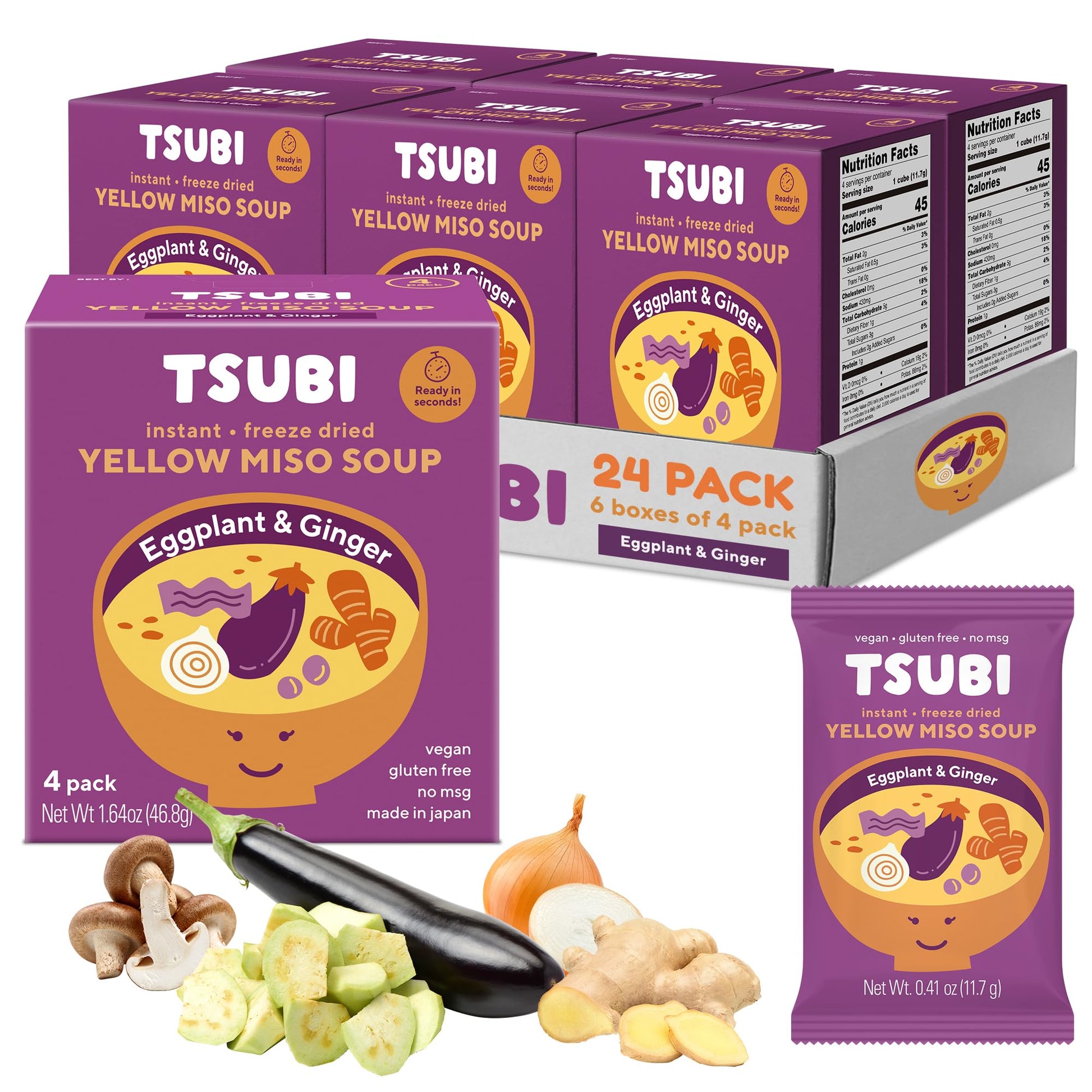 Tsubi Soup Freeze-Dried Japanese Miso Soup Packets - Instant  Vegan  Easy Mix  Gluten & Msg-Free  Flavorful - Ready In Seconds - Authentic Taste Of Japan - Yellow Miso (Eggplant & Flavor Blendger) - 24 Packs