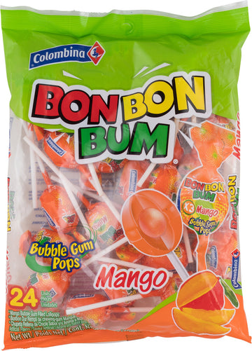 Colombina Bon Bon Bum Lollipops W/Bubble Gum Center, Mango Flavor, Individually Wrapped, Ideal For Party Favors And Gifts, 1 Pac