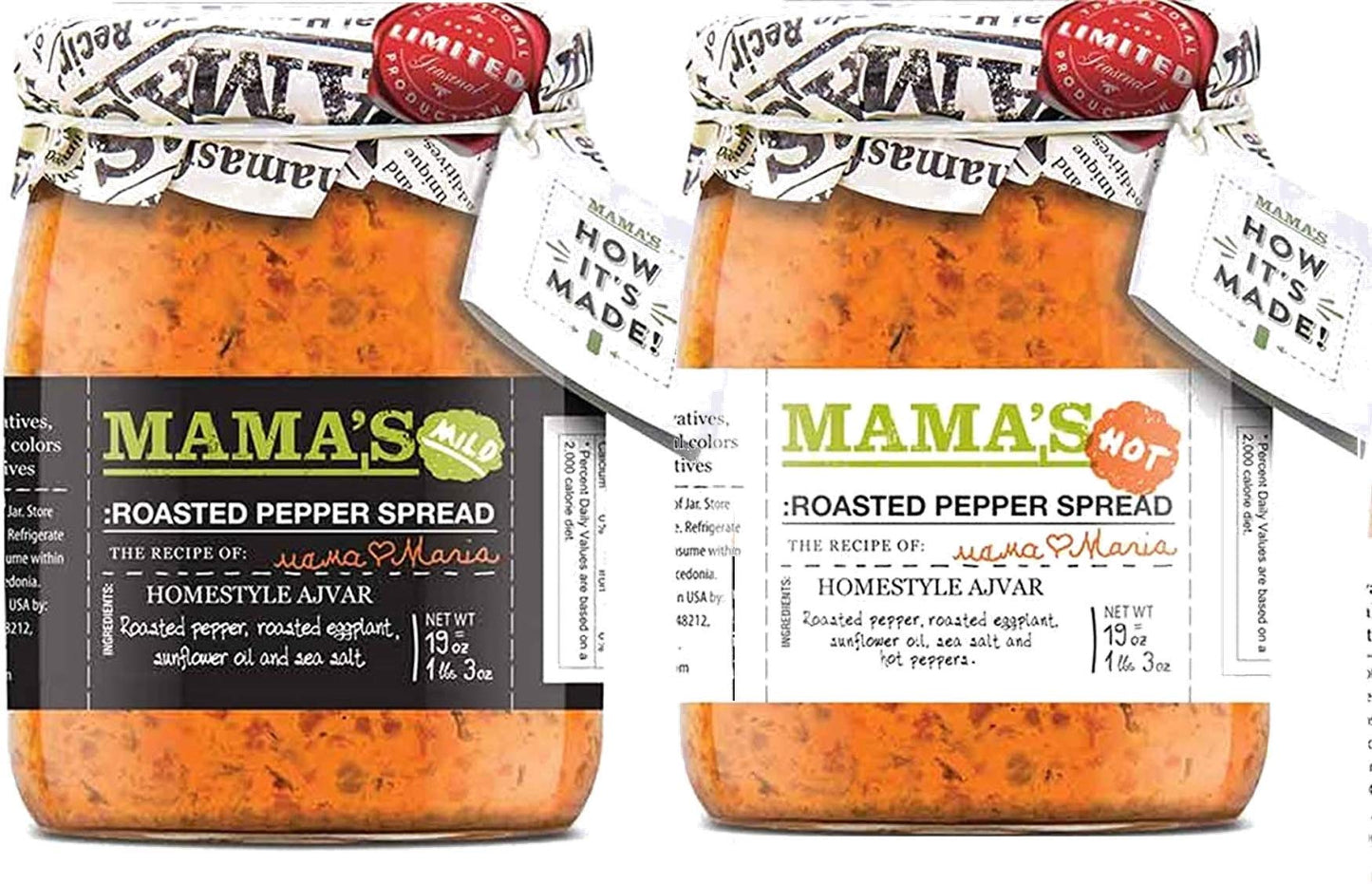 Mama's Home Style Roasted Pepper Red Ajvar Spread Mild and Hot Variety 2-Pack, 19 oz. Jars