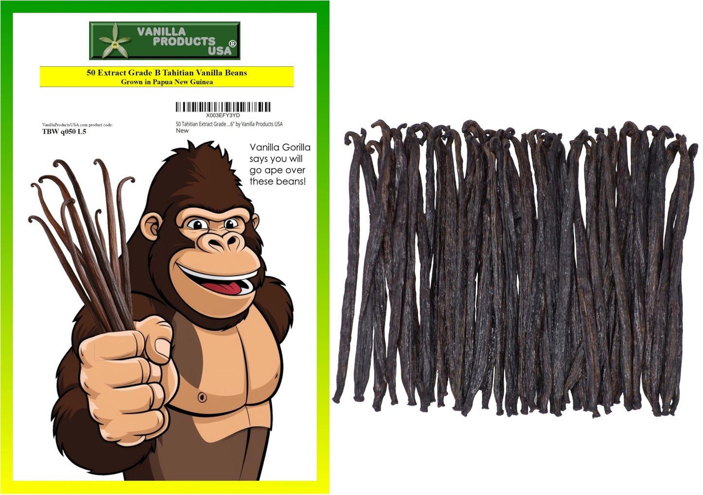 50 Tahitian Extract Grade B Natural Vanilla Beans 5~6 By Vanilla Products Usa