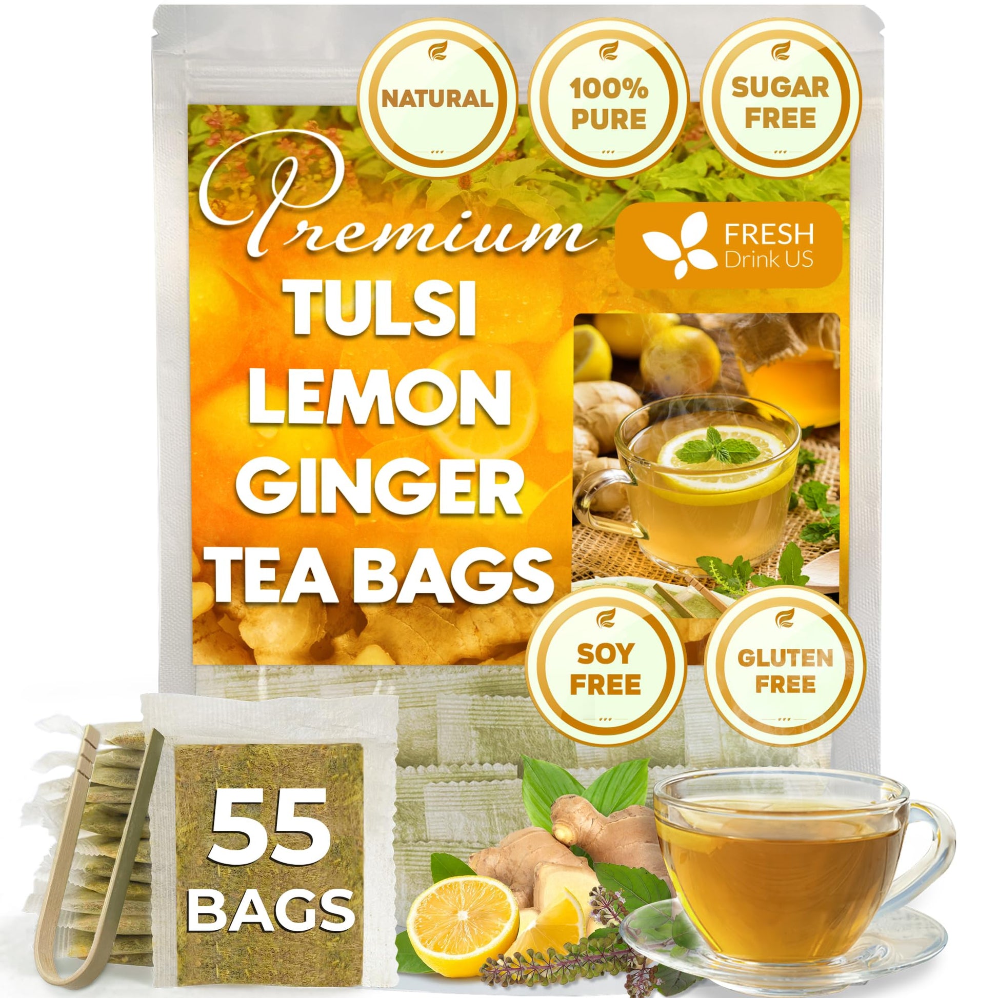 FRESHDRINKUS Tulsi Lemon Ginger Tea Bags, 100% Natural, 55 Count, Vegan, No Sugar, No Caffeine