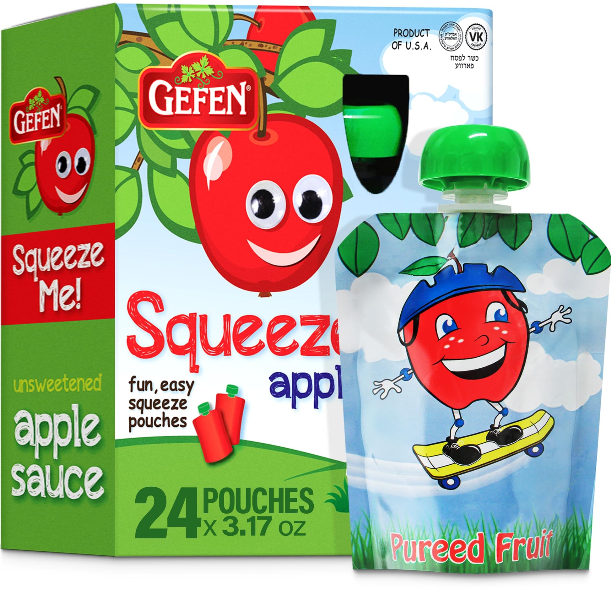Gefen, Squeeze Me! All Natural Squeezable Applesauce, 3.17oz (24 Pack) No Sugar Added | Grab & Go | Certified Kosher (Including 
