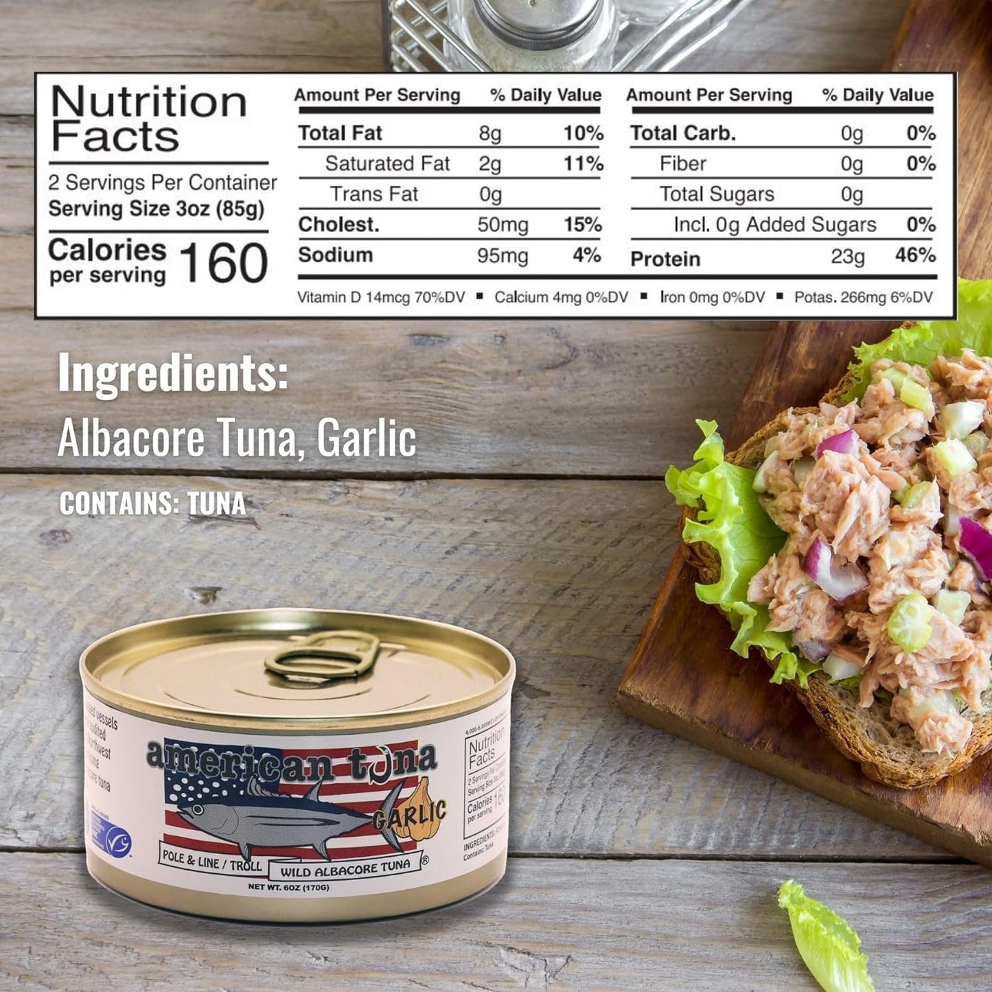 American Tuna Albacore Tuna Variety Pack - 6 Cans (2x6oz Garlic, 2x6oz Jalapeno, 2x5oz Smoked) - Dolphin Safe,