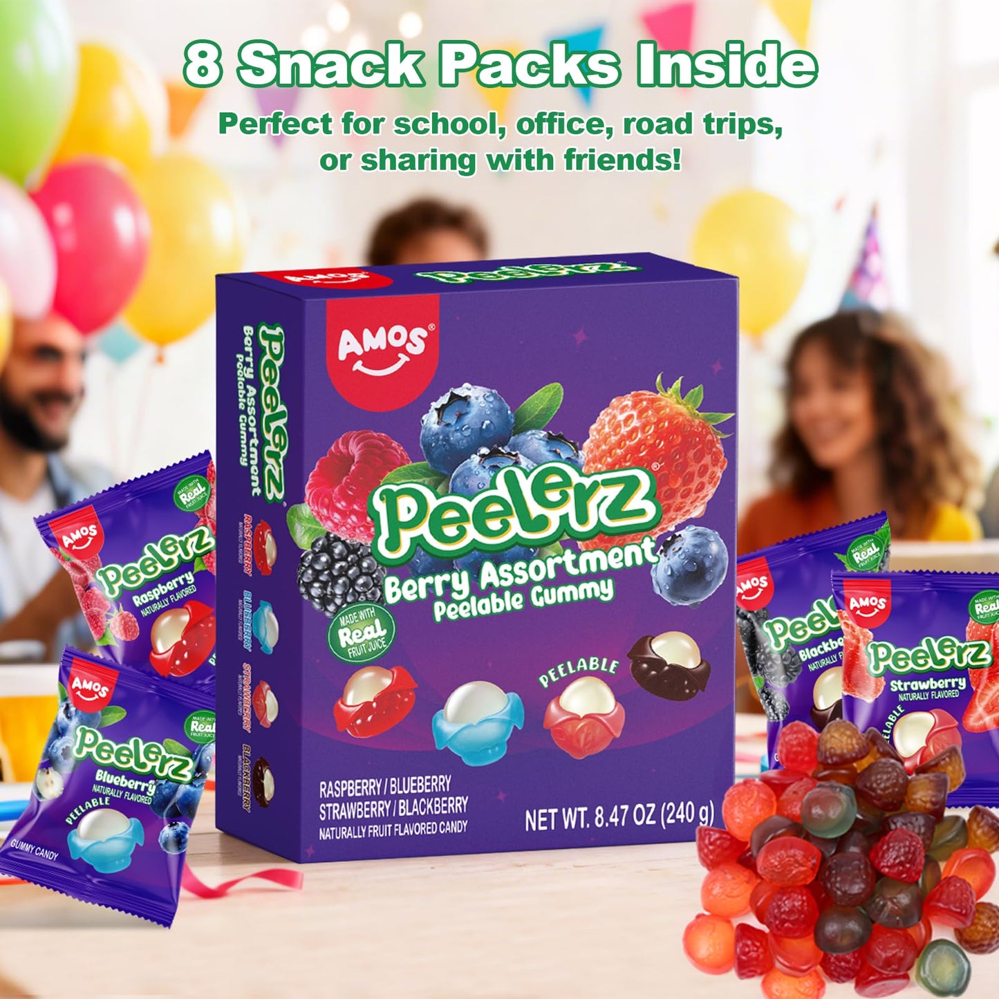AMOS Peelerz Berry Assortment Gummy Candy 240g | Peelable Fruit-Shaped Gummies Made with Real Fruit Juice | Fun Peeling Snack fo