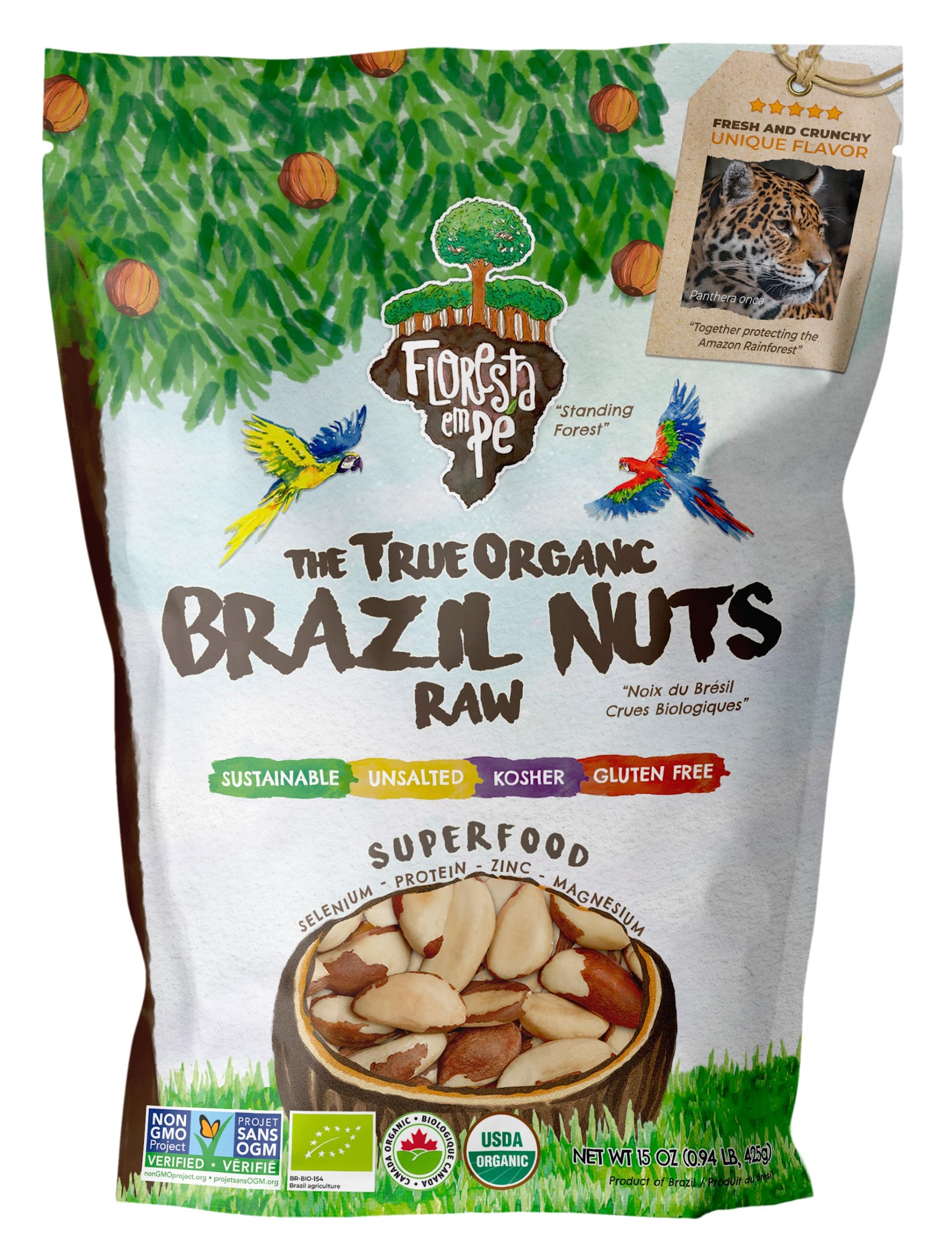 Floresta em P   The True Organic Premium Brazil Nuts (15oz) Raw & Unsalted | Kosher | Non-Gmo | Certified Organic | Fresh | Vega