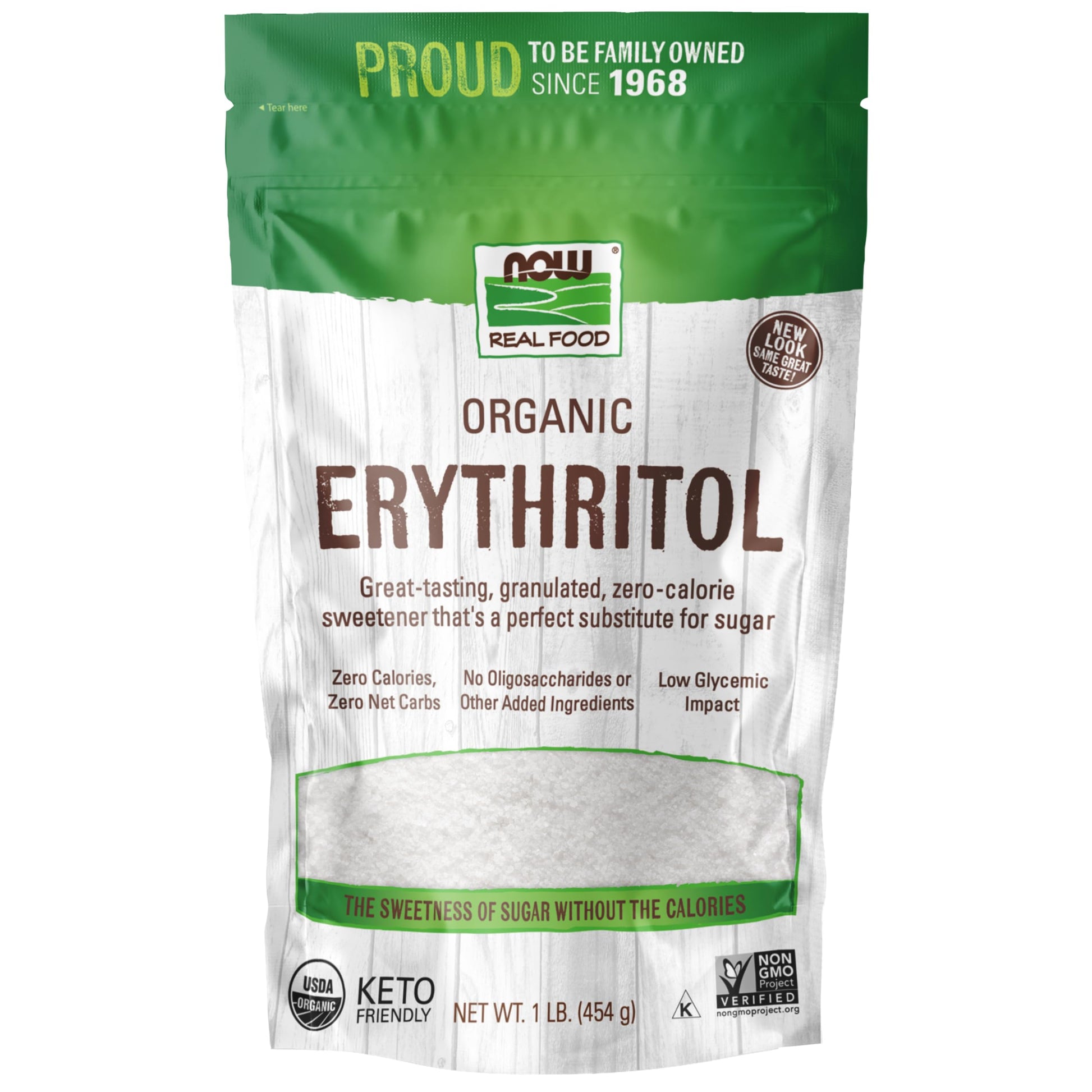 NOW Foods  Organic Erythritol  Pleasant Sweetner for Reduced-Calorie and Sugar-Free Recipes  Zero-Calorie  Low Glycemic Impact  1-Pound (Packaging May Vary)