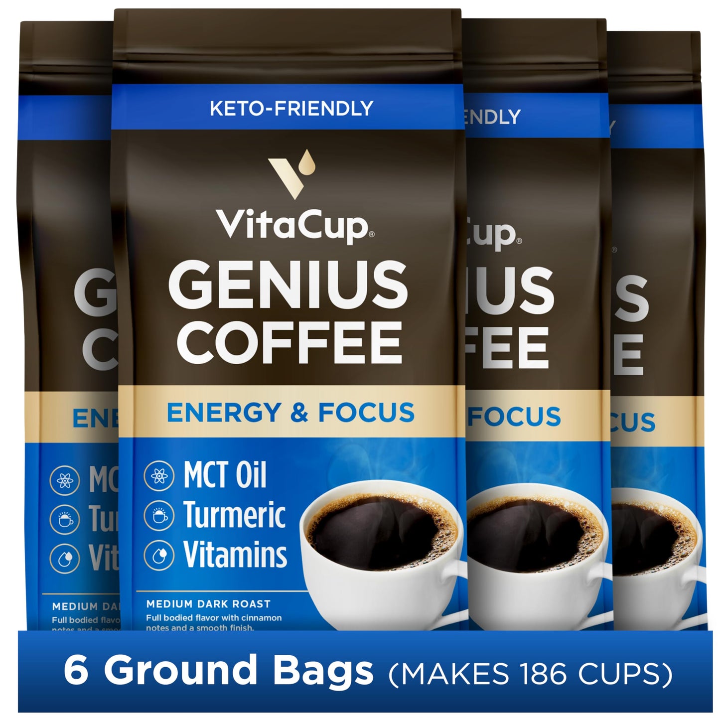 VitaCup Ground Keto Coffee with Turmeric & MCT Oil, 11oz (Pack of 6), Medium Dark Roast, 100% Arabica