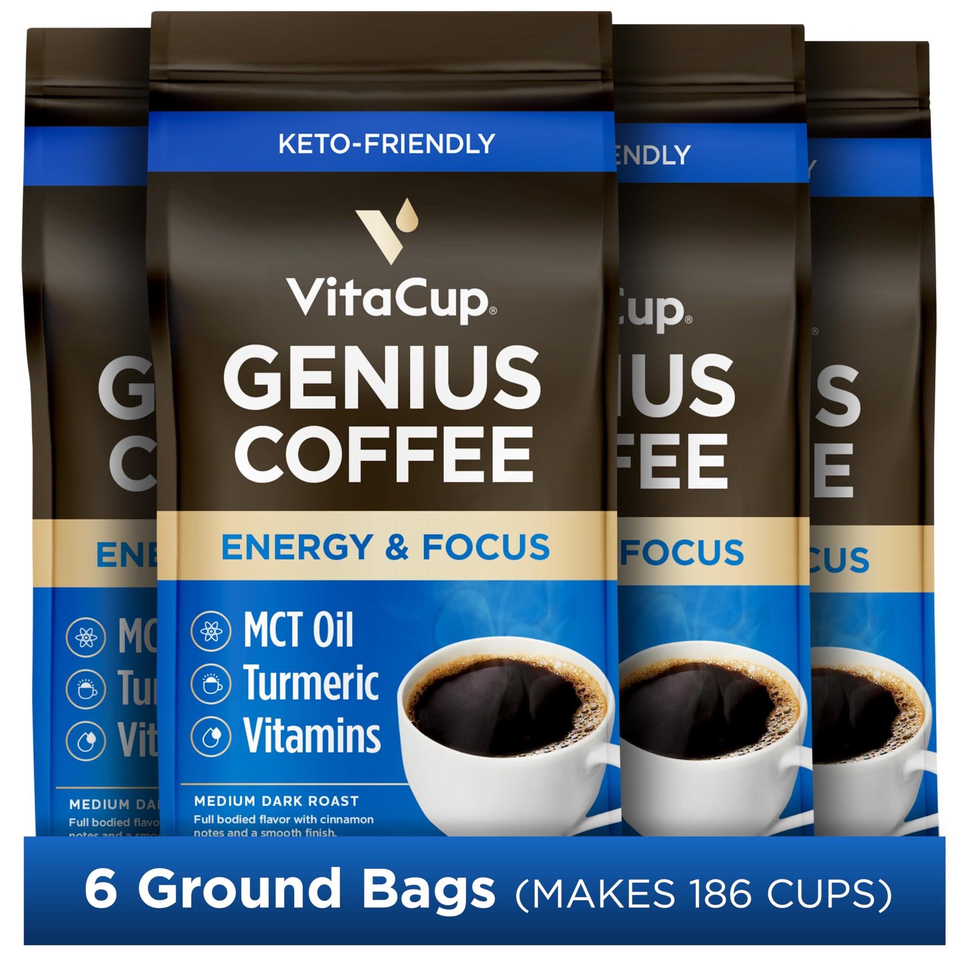 VitaCup Ground Keto Coffee with Turmeric & MCT Oil, 11oz (Pack of 6), Medium Dark Roast, 100% Arabica
