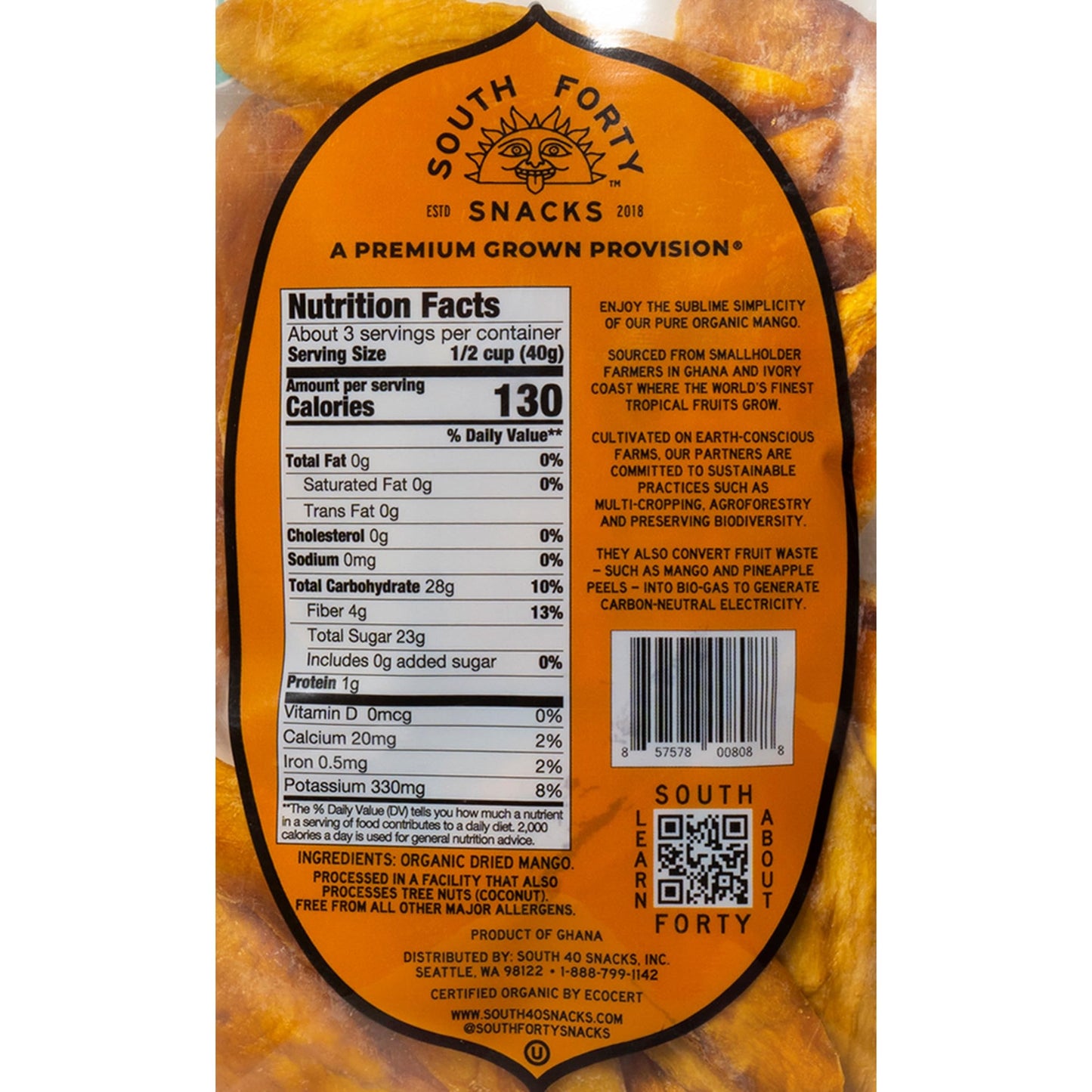 South 40 Organic Dried Mango Slices, Just 1 Ingredient, 4oz Bags, Pack of 4, Orange