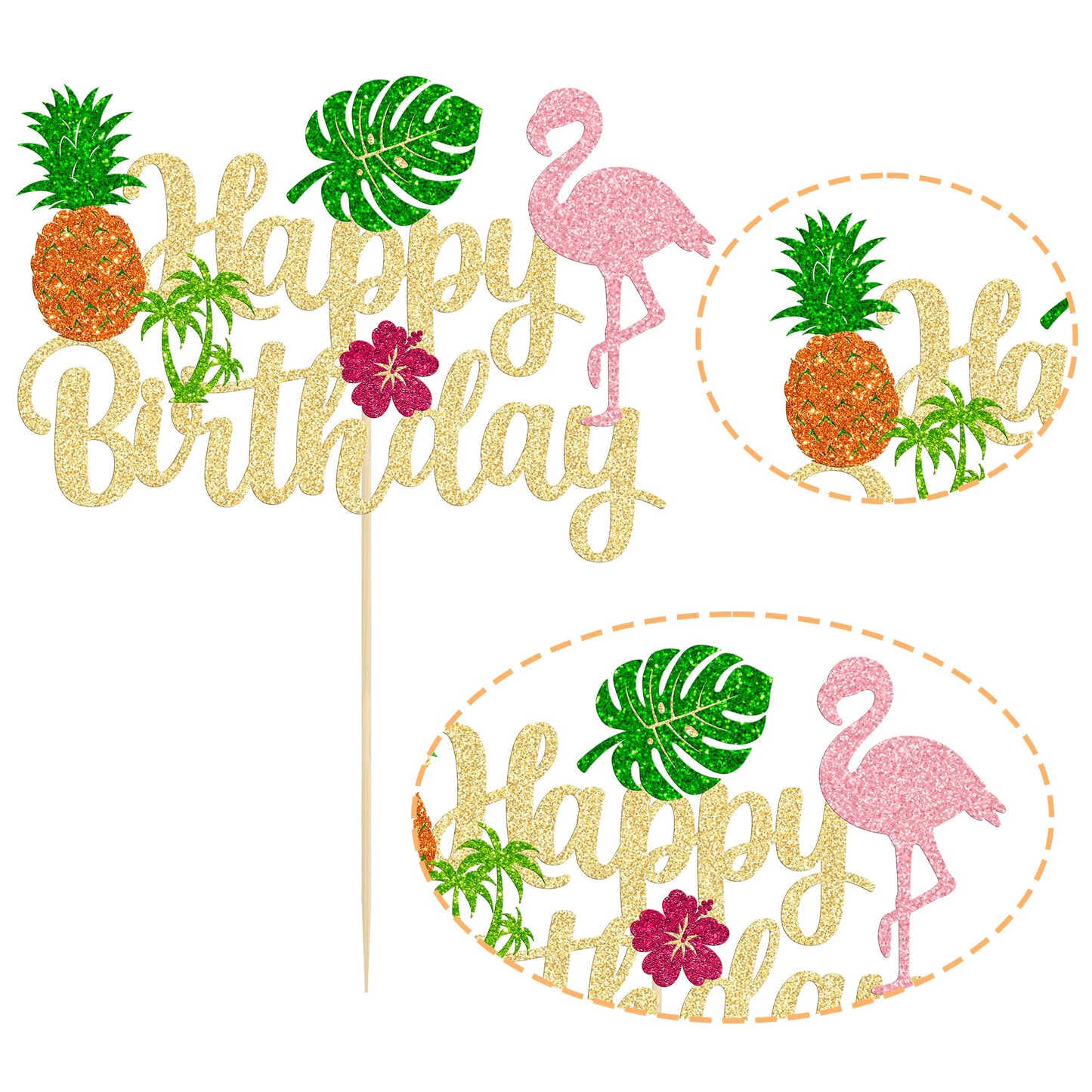 Ephlyn 1Pc Tropical Luau Happy Birthday Cake Topper Glitter Palm Tree Flamingo Pineapple Aloha Cake Pick Decorations For Hawaiia