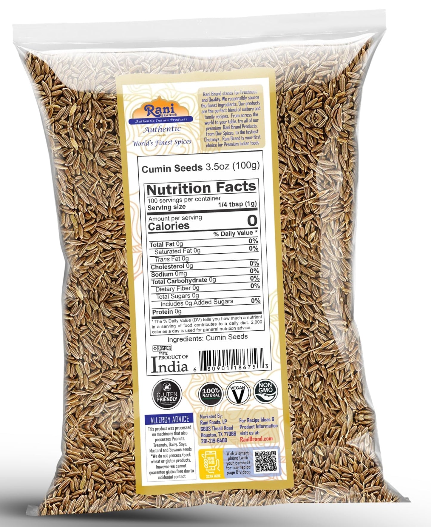 Rani Cumin Seeds Whole (Jeera) Spice 3.5Oz (100G) ~ All Natural | Gluten Friendly | Non-Gmo | Vegan | Indian Origin