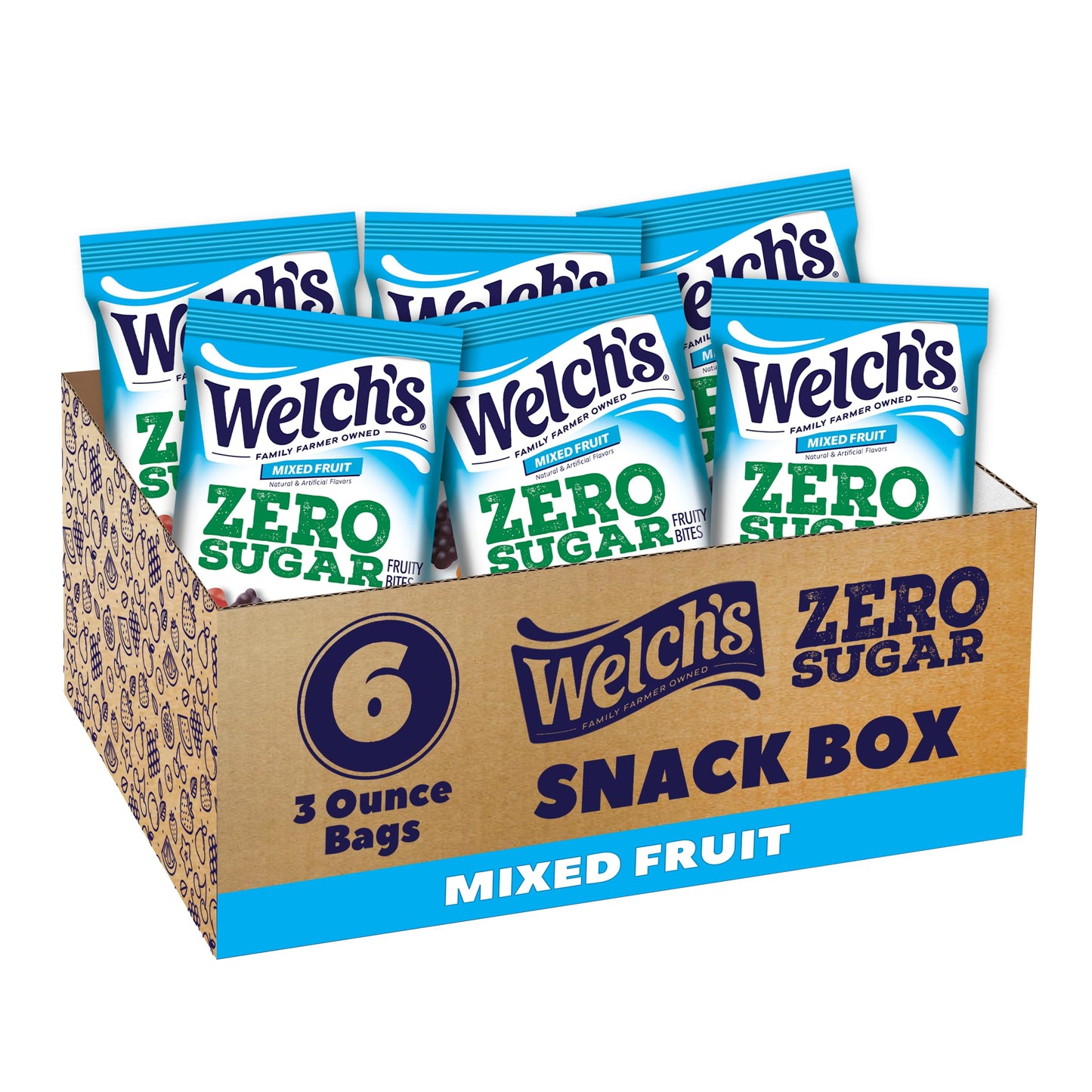 Welch s Zero Sugar Fruity Bites, Mixed Fruit Snack Box, Gluten Free & Sugar Free Snacks, 3oz Snack Packs (Pack of 6)