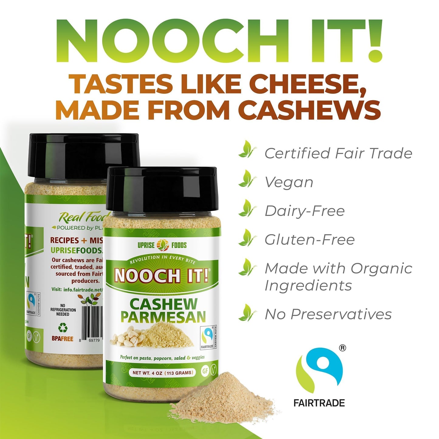 Nooch It Cashew Parmesan Cheese – 4Oz | Dairy-Free, Organic, Fair Trade, Non-Gmo, Gluten-Free | Plant-Based Cashew Cheese Topping & Parmesan Substitute For Pasta, Pizza & Popcorn