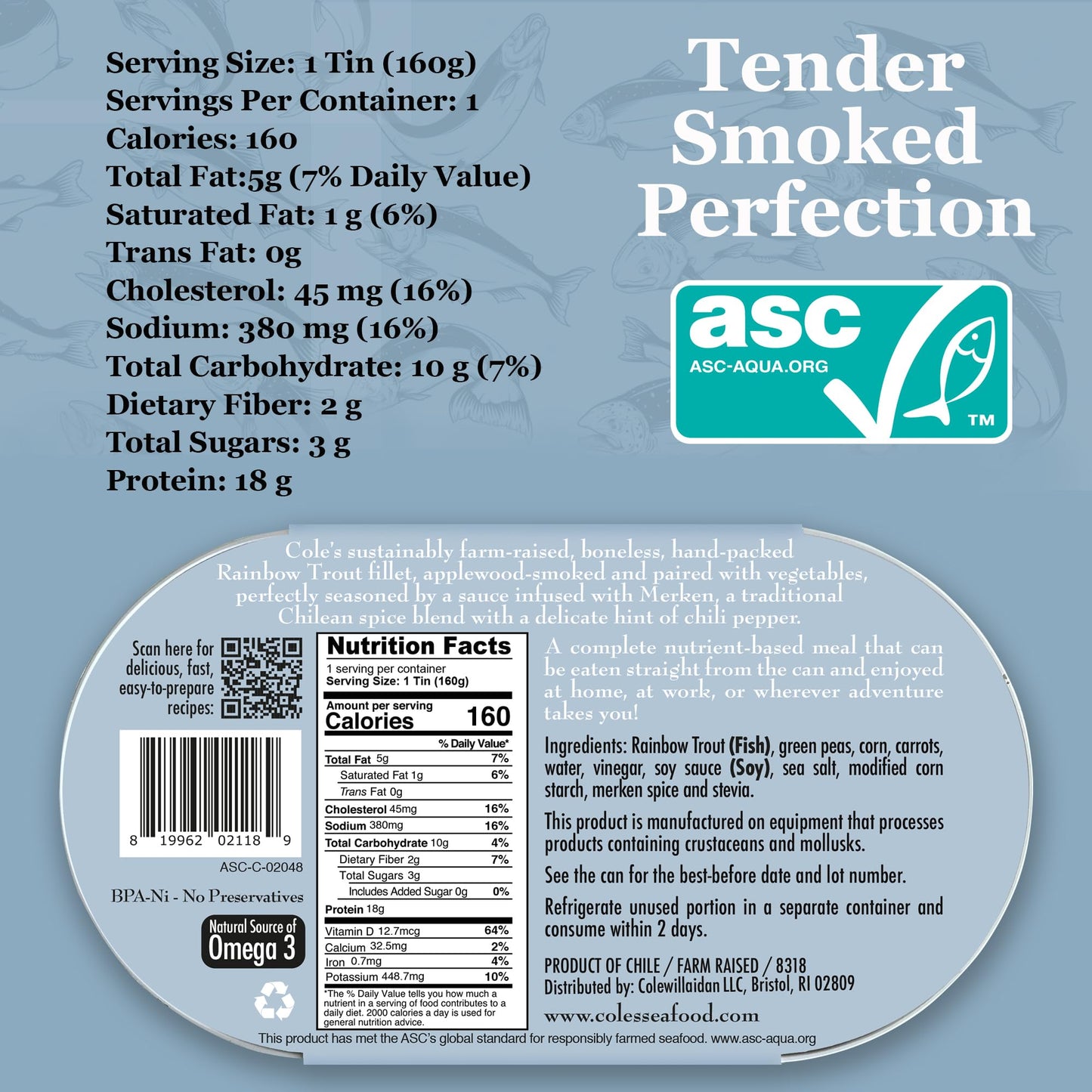Coles Smoked Rainbow Trout Fillet with Vegetables, Ready to Eat, 5.6 oz, 6 Pack, High in Protein and Vitamin D