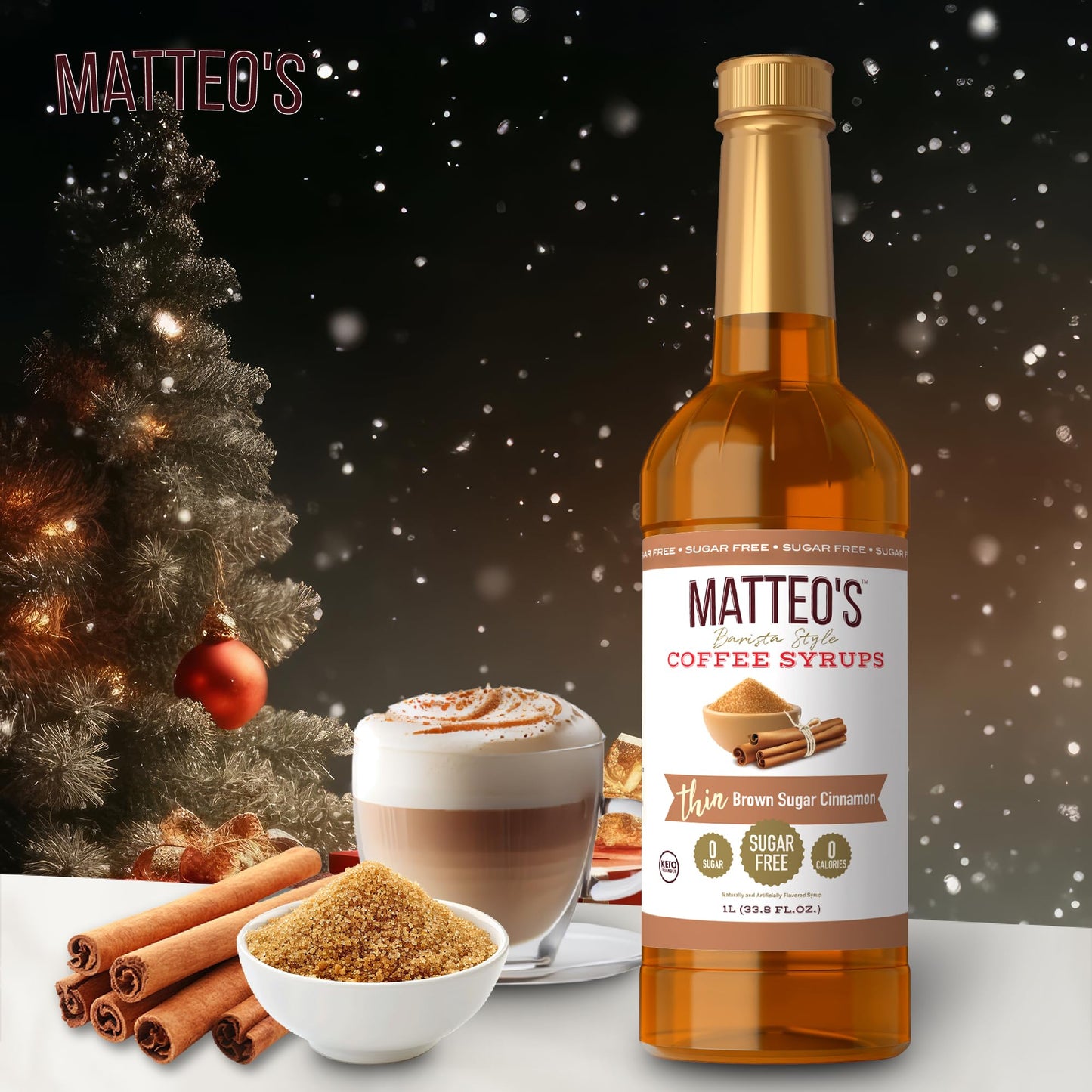 Matteos Sugar-Free Coffee Syrup, Brown Sugar Cinnamon, 33.8 Fl Oz, Keto Friendly, Zero Calories, Ideal for Lattes and Cappuccinos