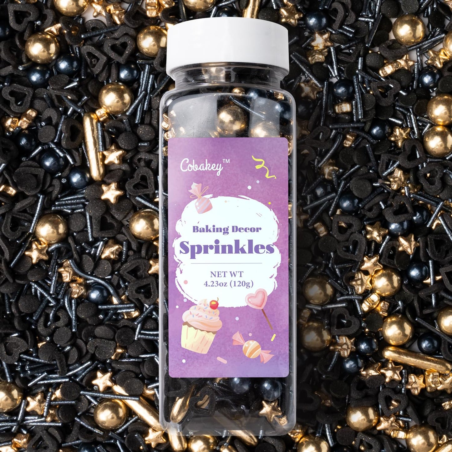 Black & Gold Star Sprinkles For Cake Decorating 4.23Ounce - Sugar Mix Contains Gold Star & Pearl Sprinkles For Cupcake Toppers,