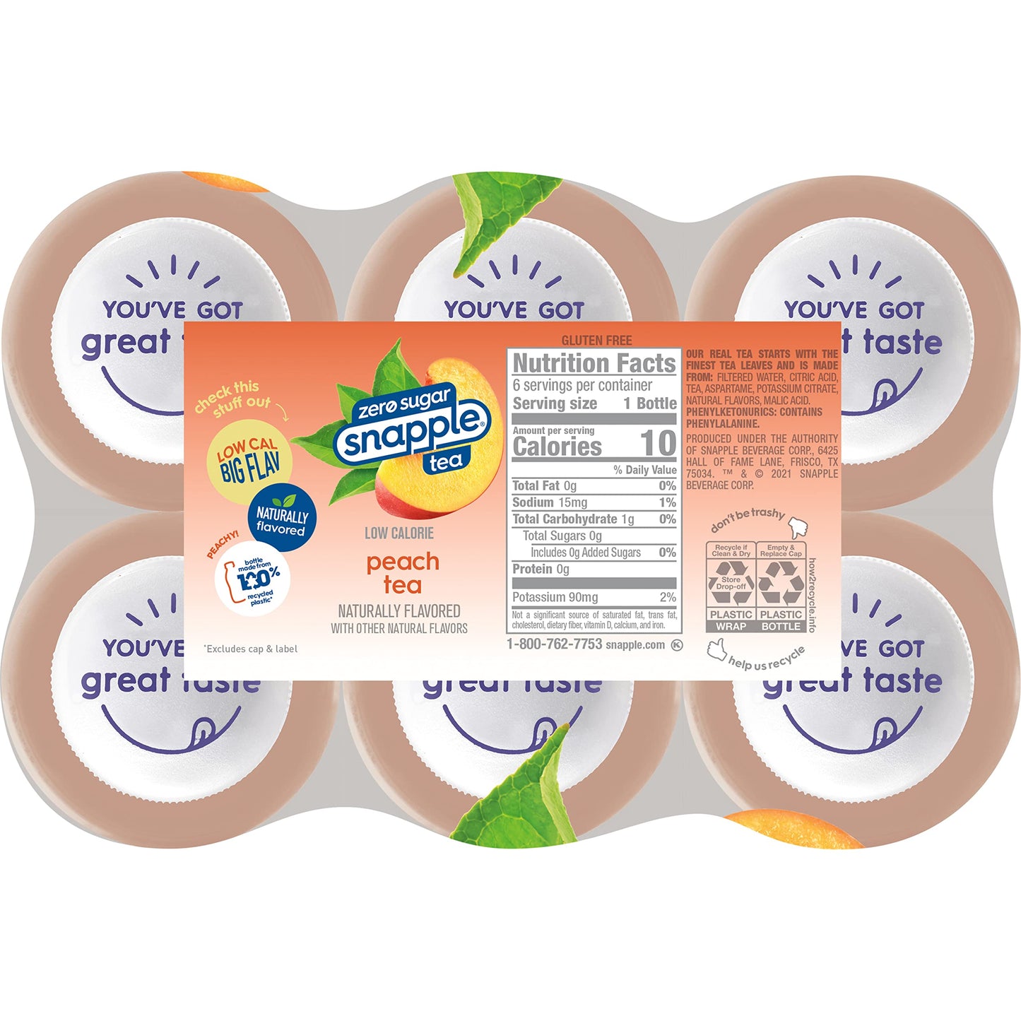 Snapple Zero Sugar Peach Tea  16 fl oz recycled plastic bottle  6 pack