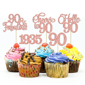 Gyufise 30Pcs 90Th Birthday Cupcake Toppers 90 Fabulous Cupcake Picks Cheers To 90 1933 Cake Decorations For Happy 90Th Birthday