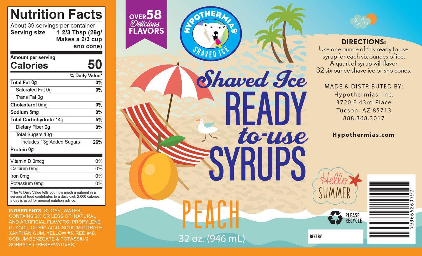 Hypothermias Shaved Ice & Snow Cone Syrup, Shaved Ice Flavor - Quart (32 Fl. Oz) - Peach - Non-GMO 100% Pure Cane Sugar, BPA-Fre