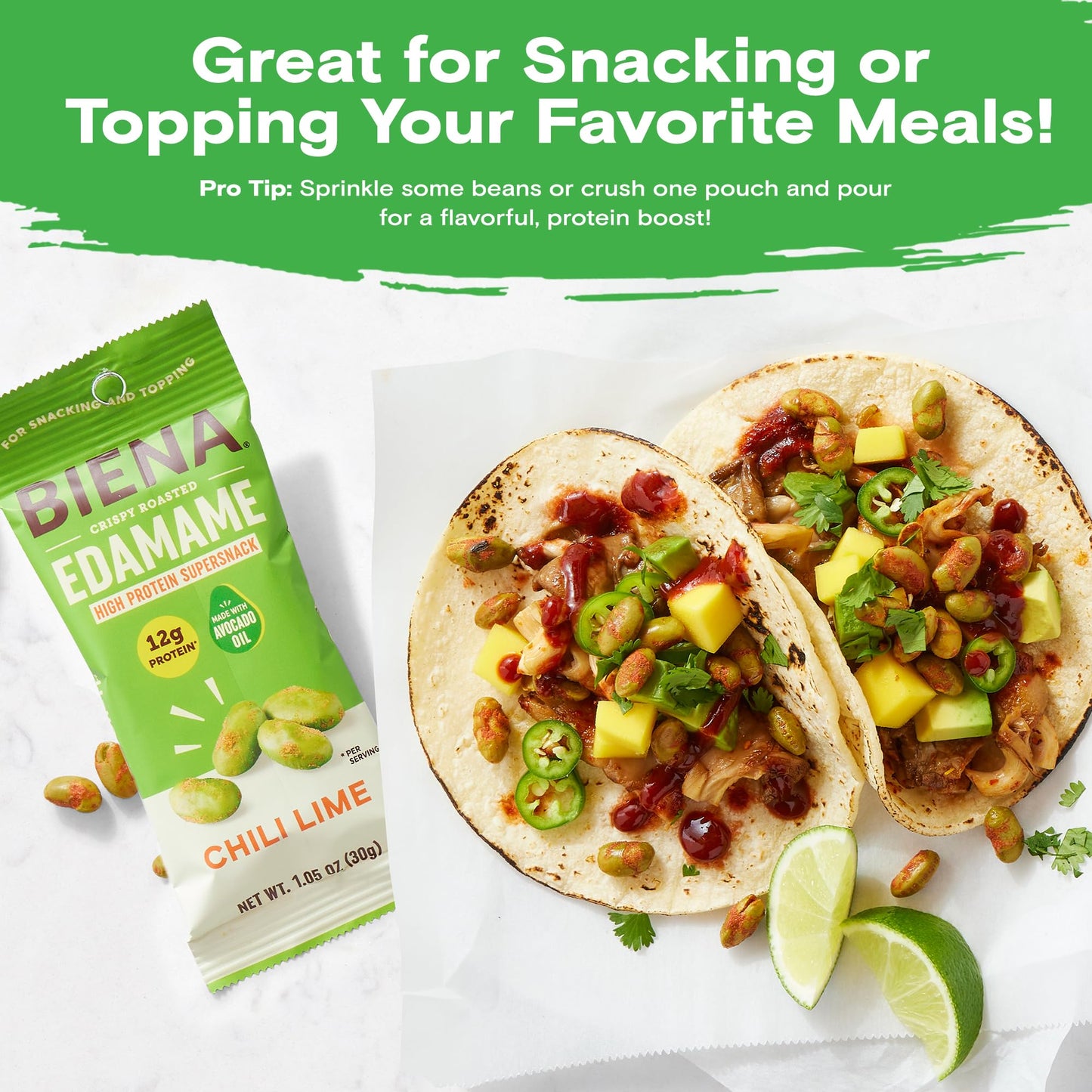 Biena Crispy Roasted Edamame Beans Snack - High Protein Low Carb Snack for Adults & Kids, 12g Protein per Serving - Made w/Avoca