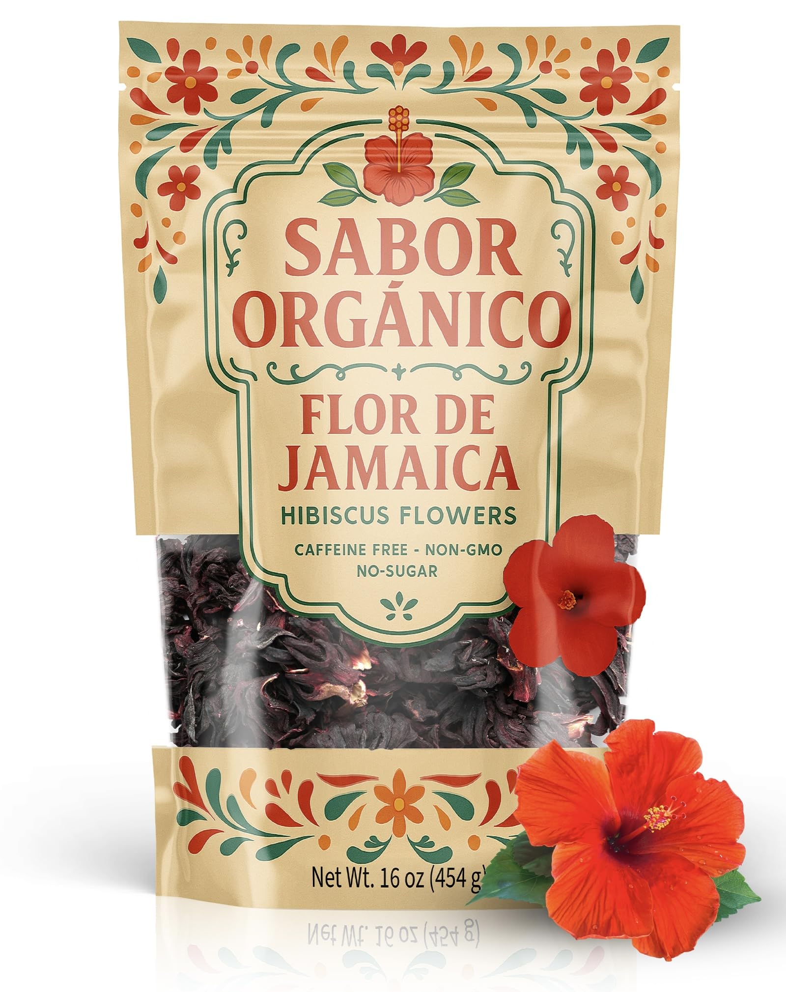 Sabor Orgánico Dried Hibiscus Flowers for Tea | Non-GMO, Resealable Pouch | 1lb (16oz)