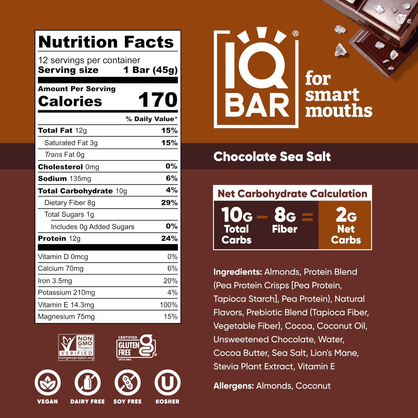IQBAR Brain and Body Plant Protein Bars - Chocolate Sea Salt - 24 Count, Low Carb, High Fiber, Gluten Free, Vegan Snacks - Low S