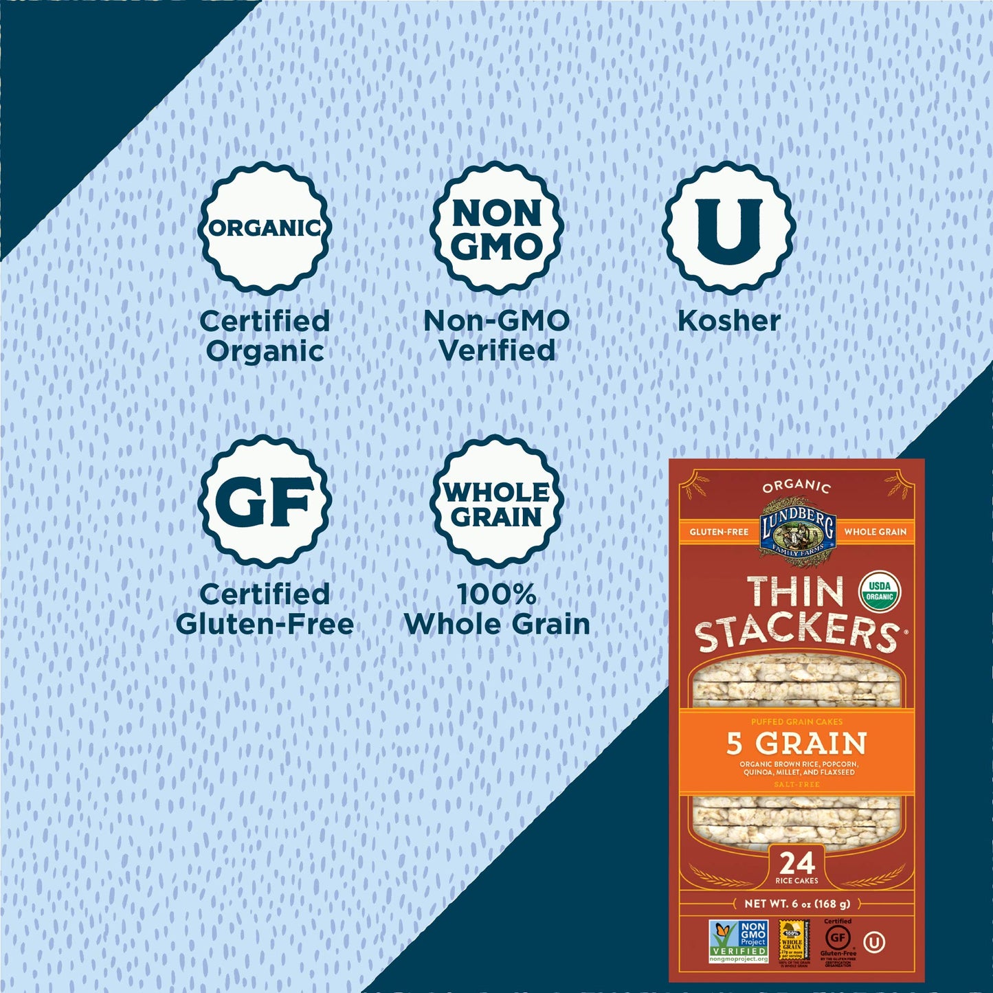 Lundberg Organic Thin Stackers Five Grain 6 Oz Gluten-Free Vegan Kosher Usda Certified Organic Non-Gmo Verified Whole Grain Brow