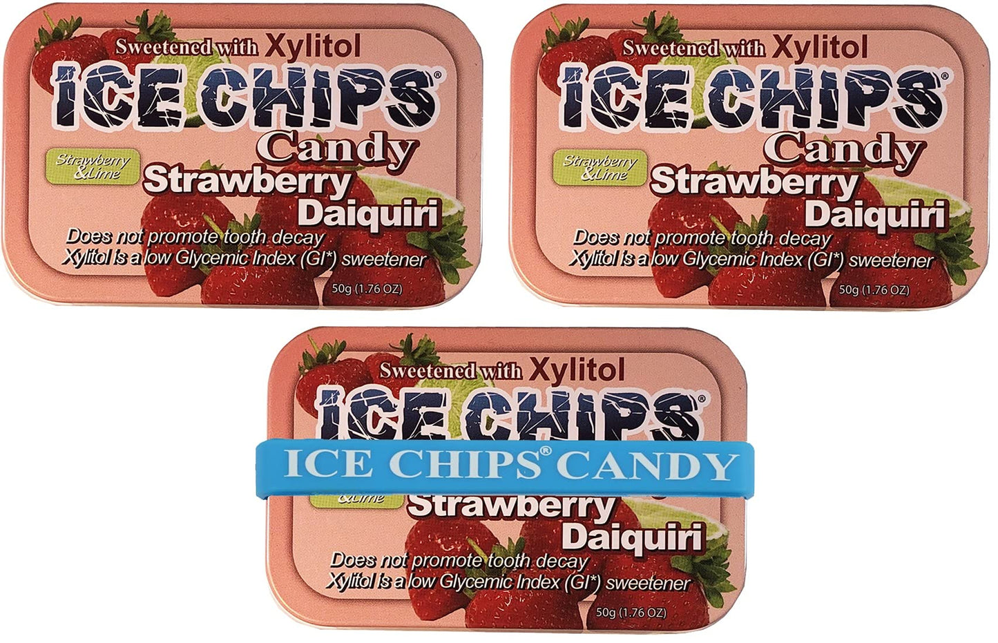 Ice Chips Xylitol Candy Tins (Strawberry Daiquiri, 3 Pack) - Includes Band As Shown