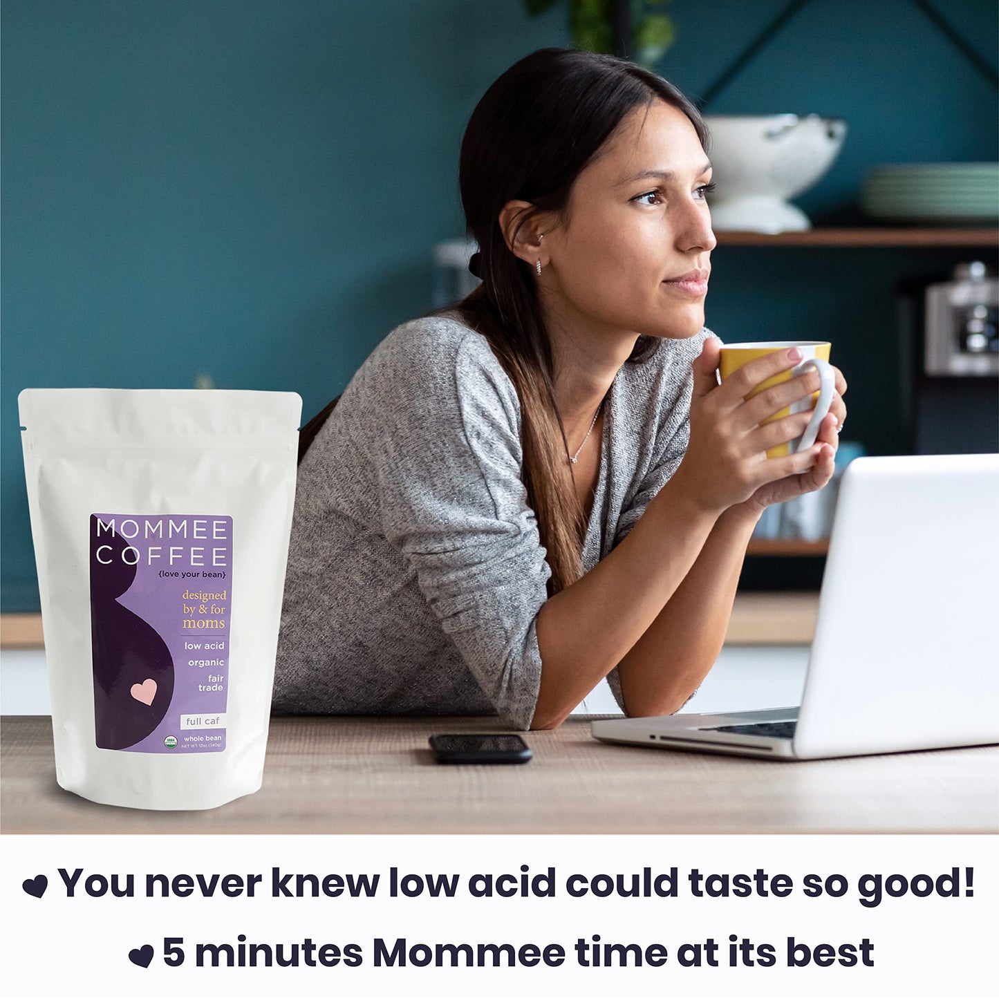 MOMMEE COFFEE Full Caf Low Acid Organic Coffee Beans - 100% Arabica Medium Roast - 11 oz - Purple