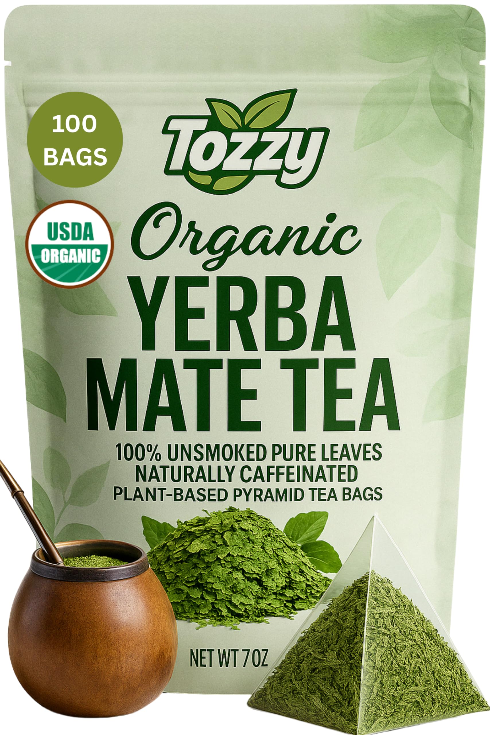 Tozzy Organic Yerba Mate Tea  Unsmoked - 100 Count  Plant-Based Pyramid Tea Bags