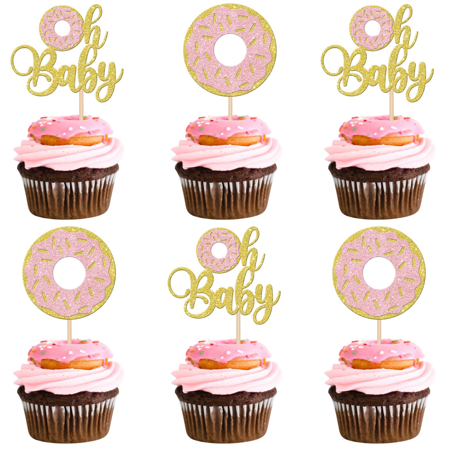 24 PCS Donut Oh Baby Cupcake Toppers Glitter Oh Baby Donut Cupcake Picks Donut Baby Shower Party Decorations for Sweet Donut The