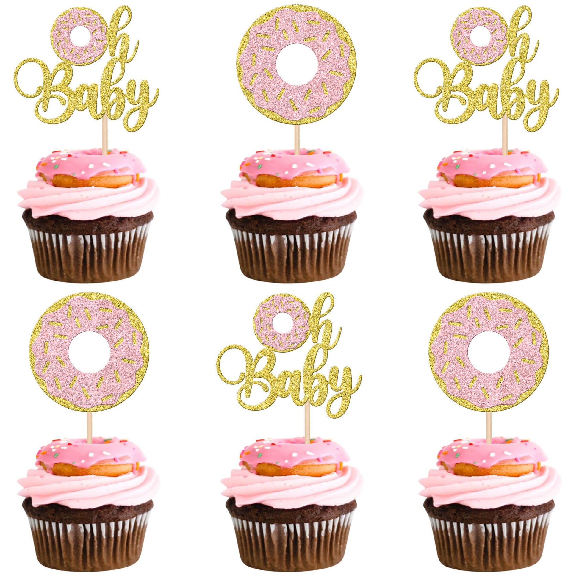 24 PCS Donut Oh Baby Cupcake Toppers Glitter Oh Baby Donut Cupcake Picks Donut Baby Shower Party Decorations for Sweet Donut The