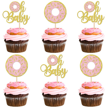 24 PCS Donut Oh Baby Cupcake Toppers Glitter Oh Baby Donut Cupcake Picks Donut Baby Shower Party Decorations for Sweet Donut The