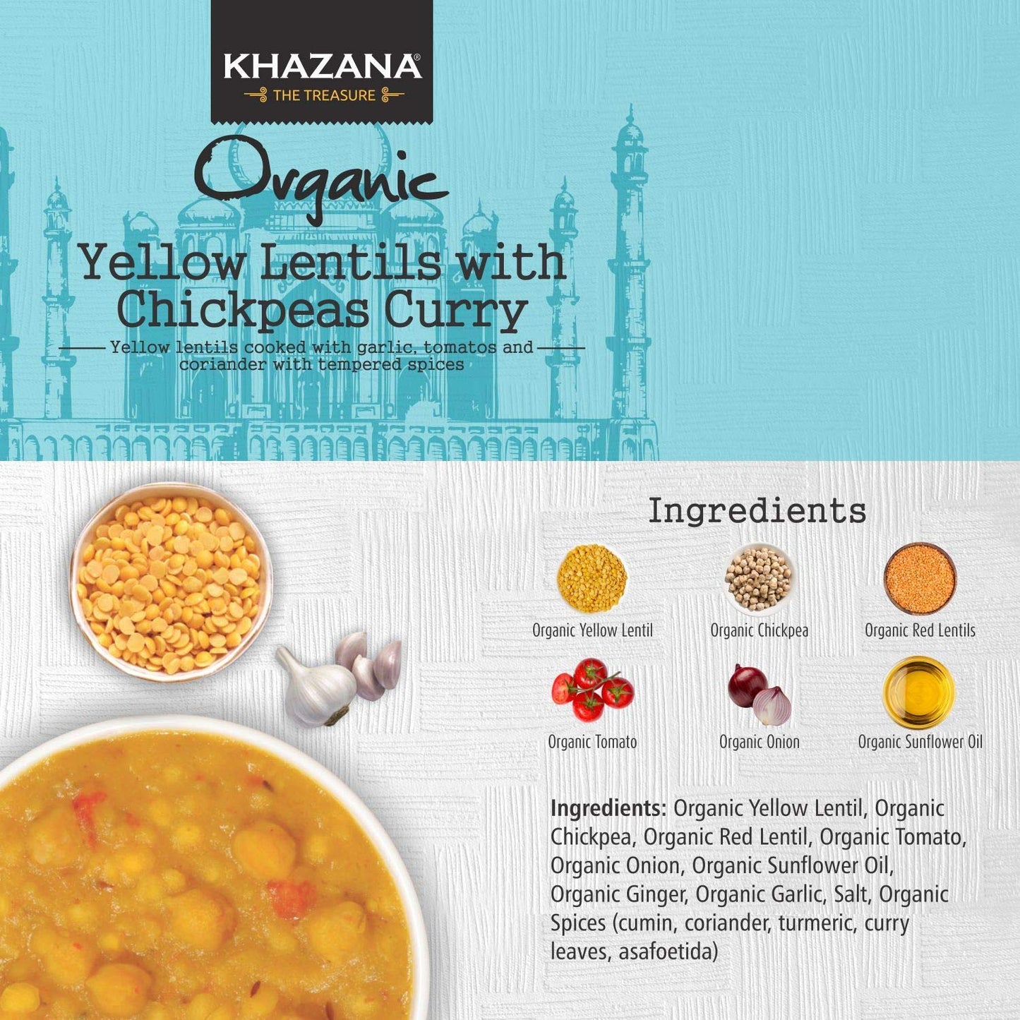Khazana ORGANIC Yellow Lentils with Chickpeas Curry - Ready to Eat Indian Meals (Pack of 1, 10oz Pouches) | Non-GMO, Vegan, Glut