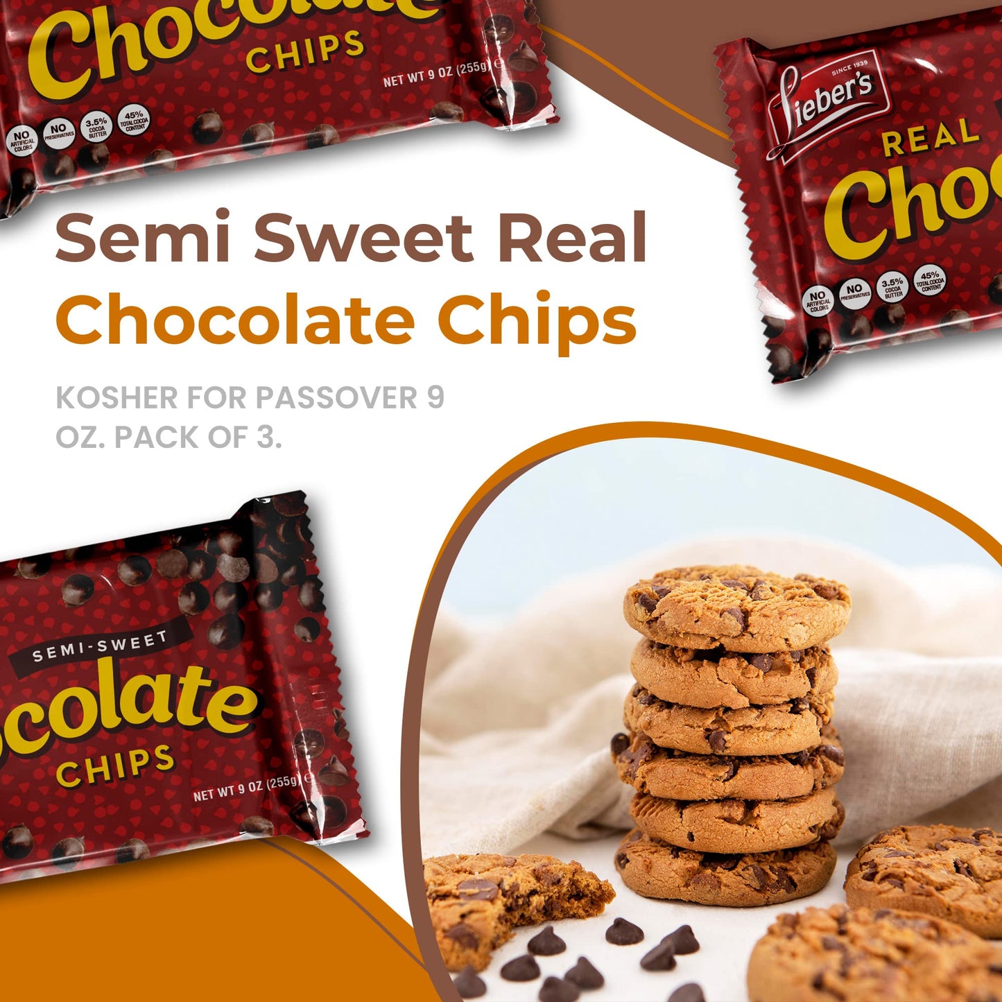 Liebers Vegan Semi-Sweet Chocolate Chips, Gluten Free, Dairy Free, 9 Oz Pack of 3