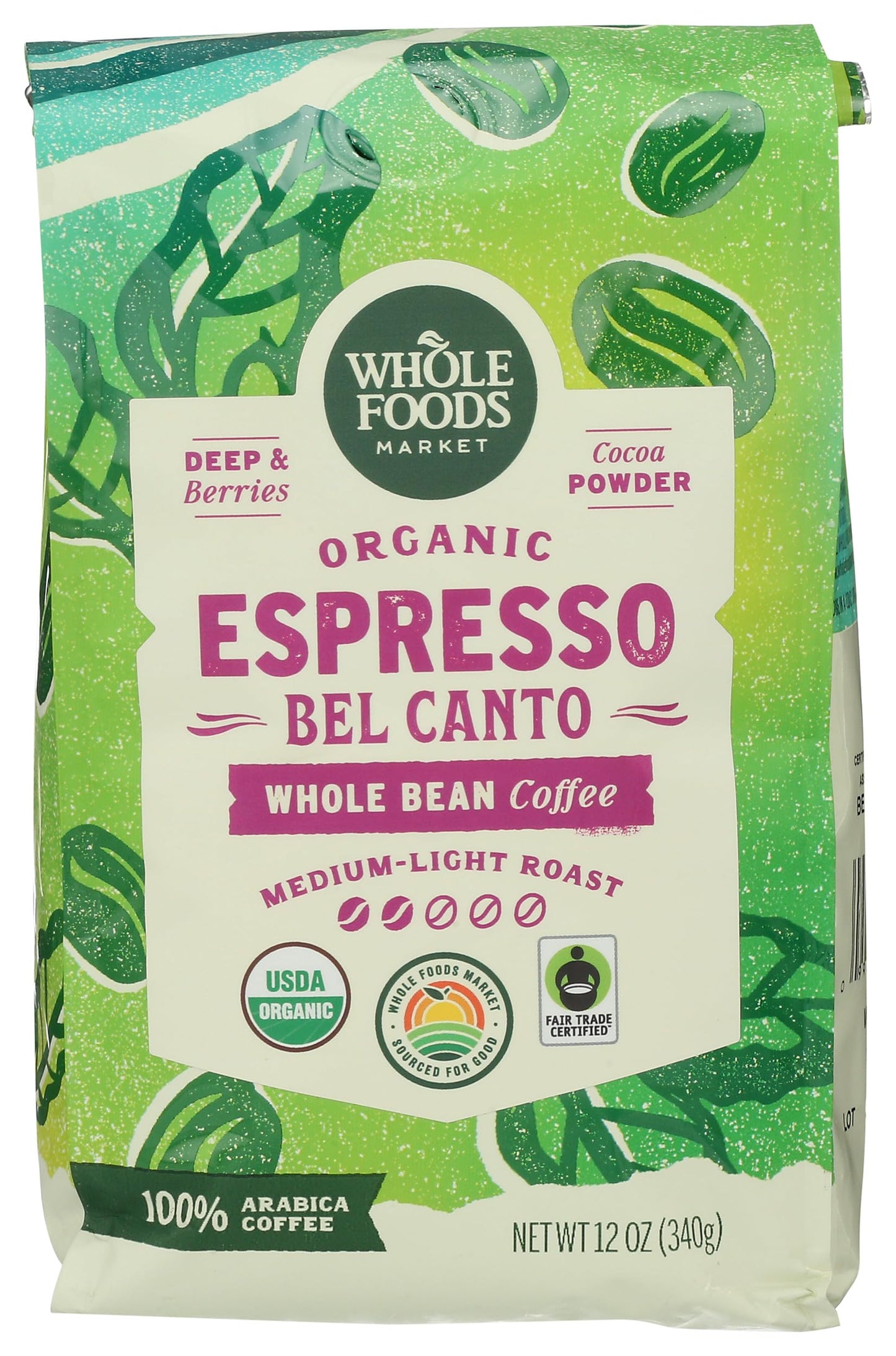 Whole Foods Market, Organic Espresso Bel Canto Whole Bean Coffee, Medium-Light Roast, Berries & Cocoa Powder, 12 Ounce