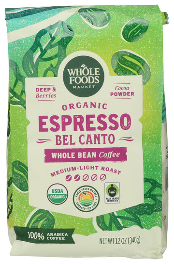 Whole Foods Market, Organic Espresso Bel Canto Whole Bean Coffee, Medium-Light Roast, Berries & Cocoa Powder, 12 Ounce