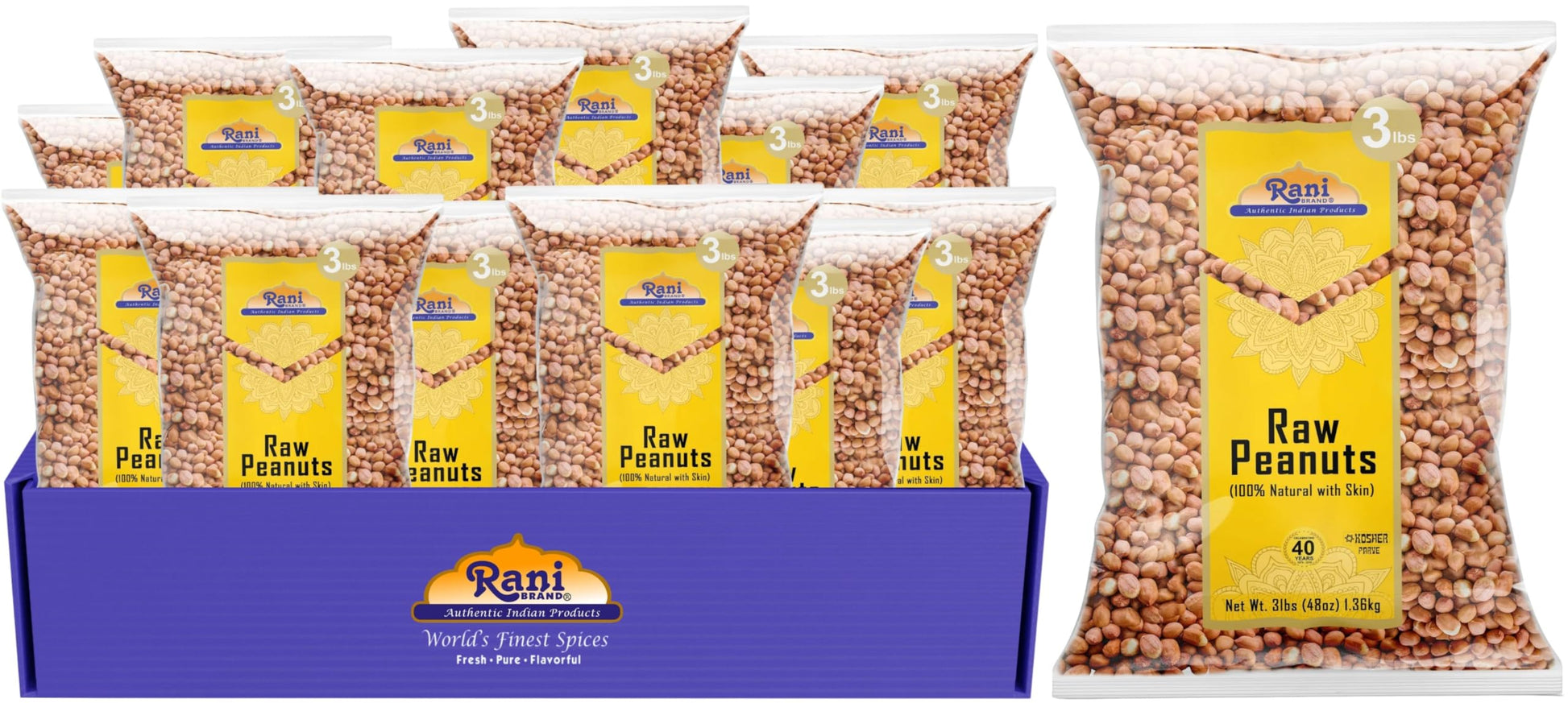Rani Peanuts, Raw Whole With Skin (Uncooked, Unsalted) 48Oz (3Lbs) 1.36Kg Bulk, Pack Of 12 ~ All Natural | Vegan | Gluten Friendly | Fresh Product Of Usa ~ Spanish Grade Groundnut/Red-Skin