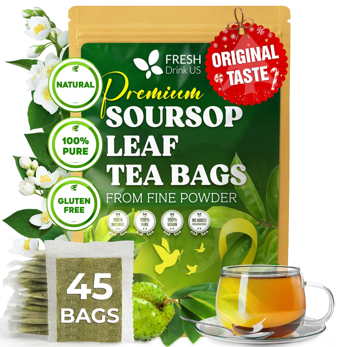 Freshdrinkus  Top-Grade Soursop Graviola Leaf Tea | 45 Tea Bags Form Powder  100% Natural And Pure  Handmade  Made With Natural Materials-Corn Fiber Tea Bag  Sugar/Energy Blend Free  Hoja Guanabana Tea