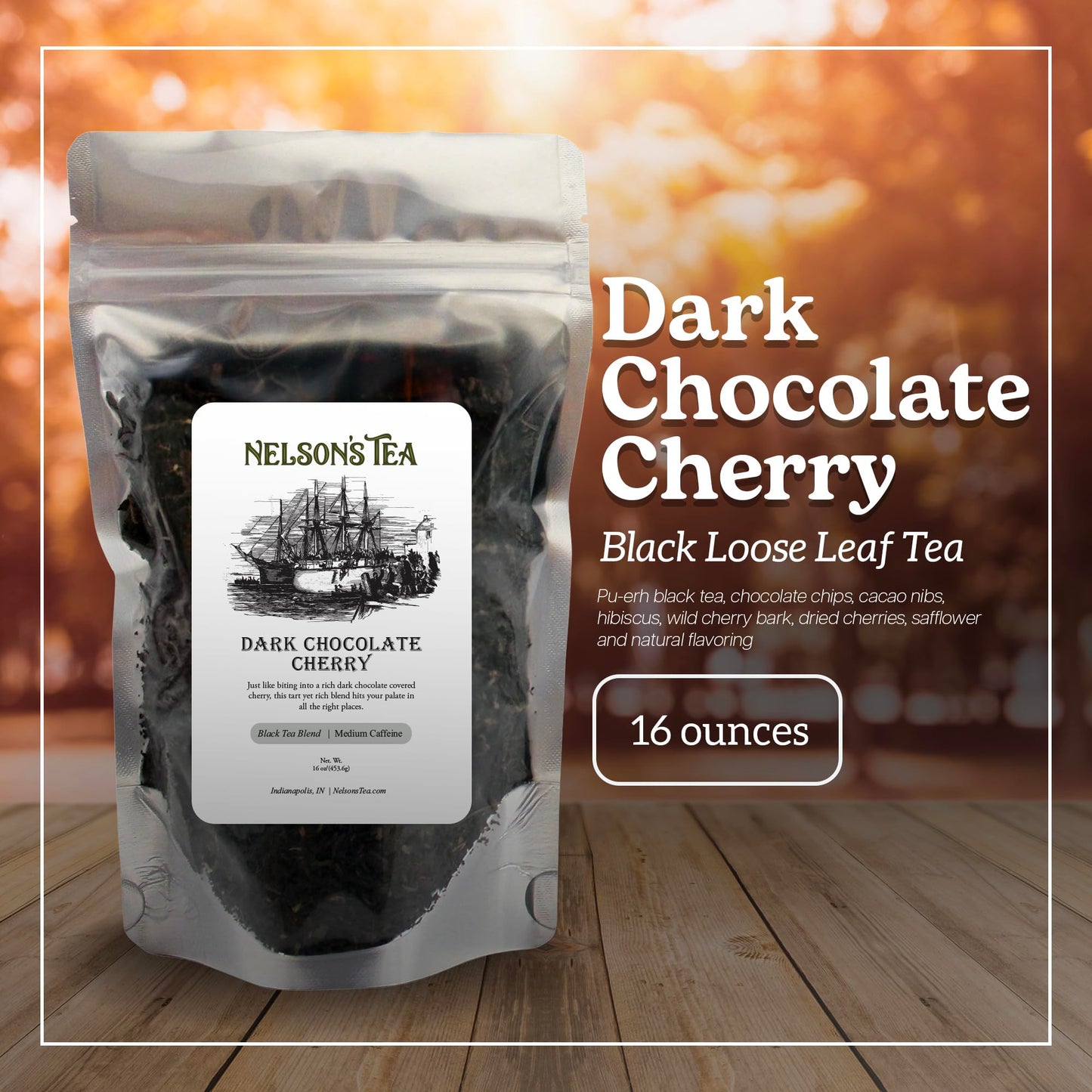 Nelsons Tea Dark Chocolate Cherry Herbal Loose Leaf Tea - 16oz, Rich Pu-erh Black Tea Blend with Chocolate Chips and Dried Cherries
