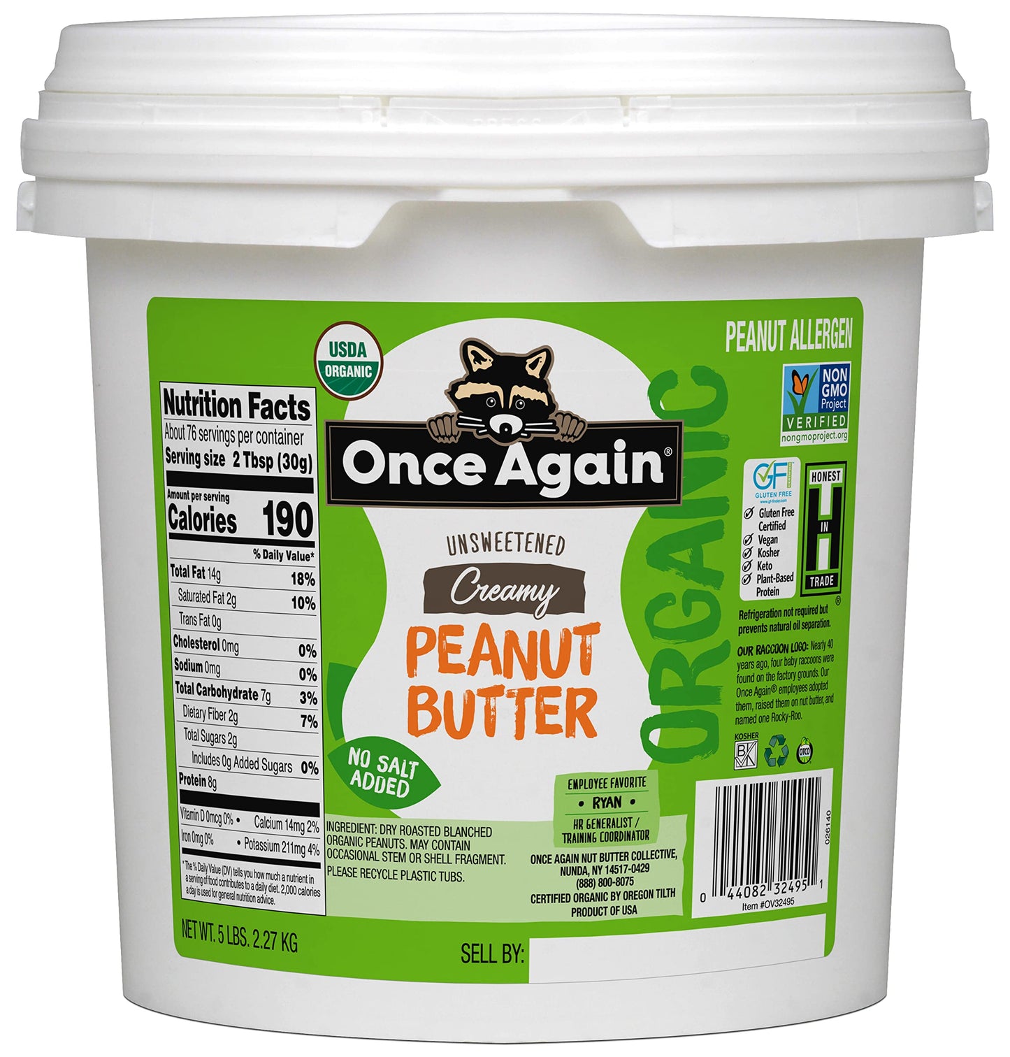 Once Again Organic Creamy Peanut Butter, 5lb Pantry Pal (same as 5 jars) - Salt Free, Unsweetened - USDA Organic, Gluten Free Ce