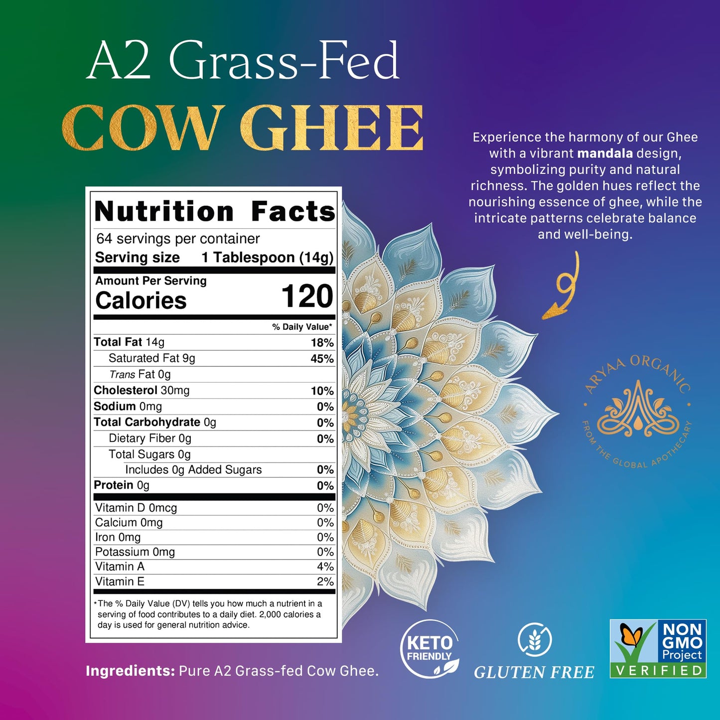 Aryaa Organic A2 Ghee | Grass-fed Cow Ghee  Bilona Method |1Liter (34 fl oz) | enhanced Ayurvedic Elixir | Lactose-free  Non-GMO  Keto-Friendly  Gluten-Free   -Free  Additive Free