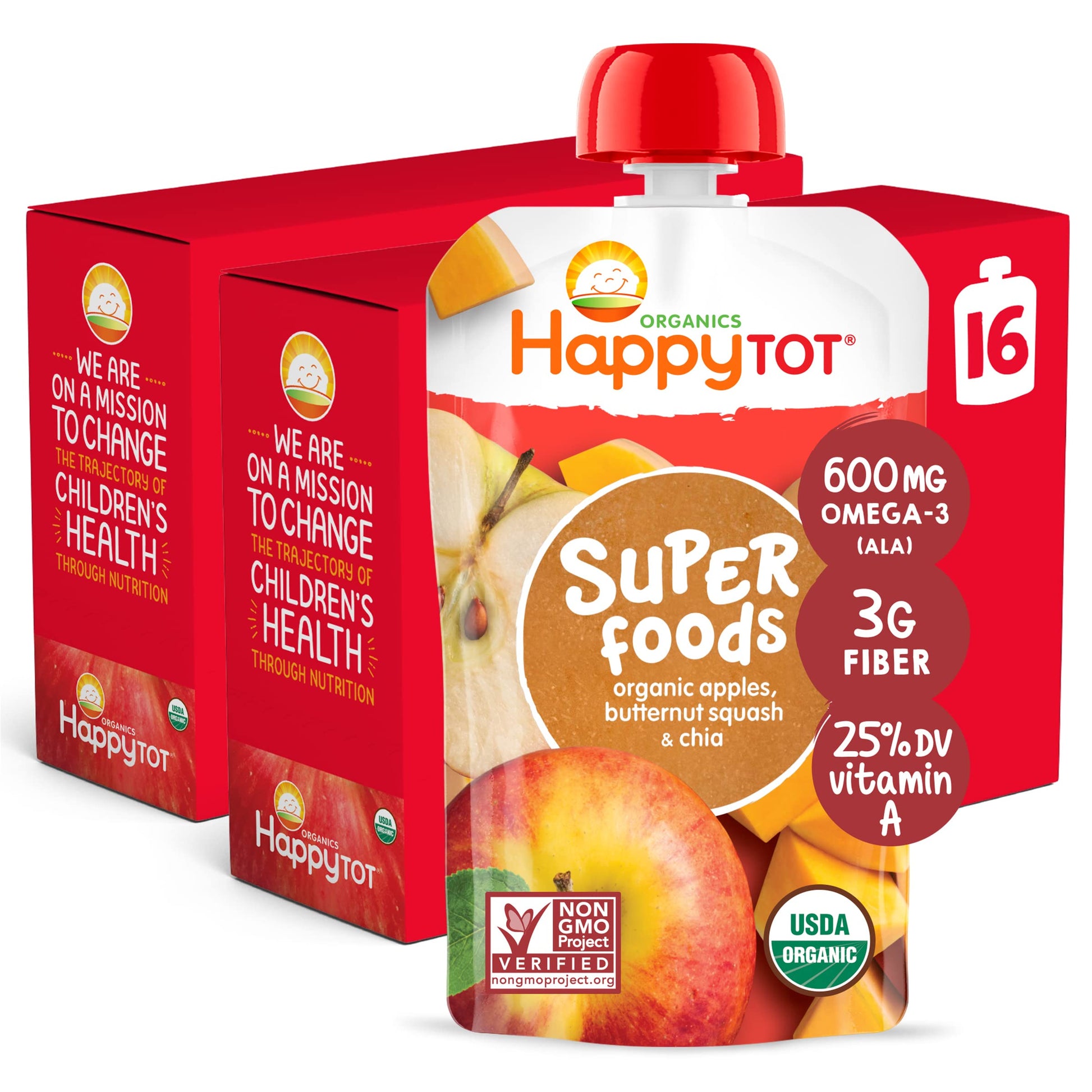 Happy Tot Organics Stage 4 Baby Food Pouches, Gluten Free, Vegan Snack, Superfoods Fruit & Veggie Puree, Apples, Butternut Squas