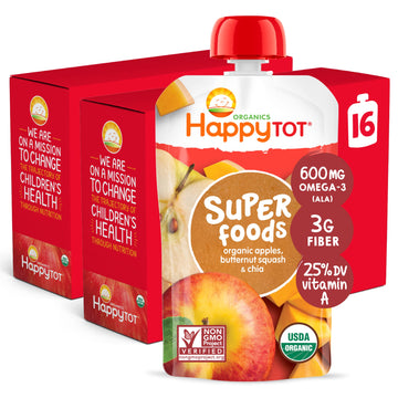 Happy Tot Organics Stage 4 Baby Food Pouches, Gluten Free, Vegan Snack, Superfoods Fruit & Veggie Puree, Apples, Butternut Squas
